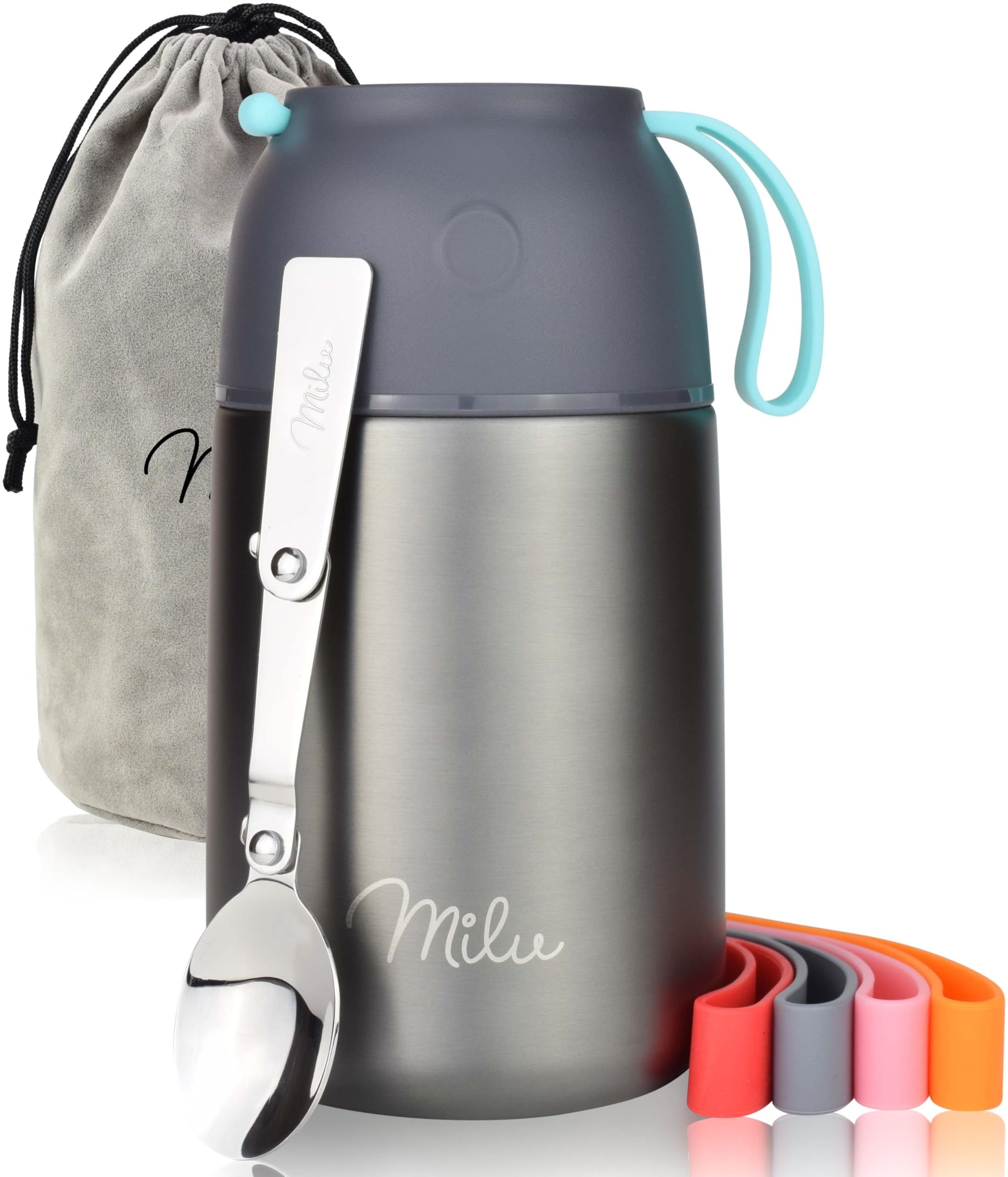 Milu Thermobehälter für Essen, Edelstahl Warmhaltebehälter mit Löffel, (Thermobecher Essen, Thermo Lunchbox für Kinder, Erwachsene), Thermobox Suppen, Babybrei, Speisebehälter