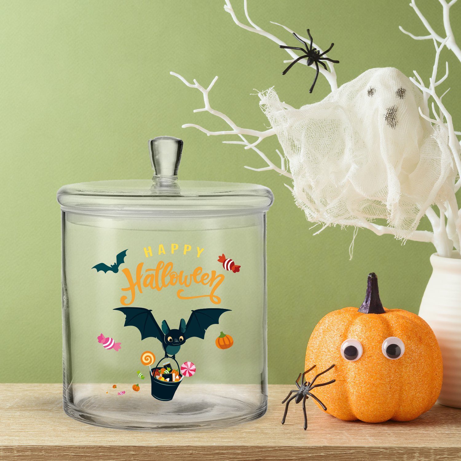 und Motiv Handgefertigte Keksdose UV-Druck mit Fledermaus Halloween Glas, mit - niedlichem Happy GRAVURZEILE Halloween Glasdose Design, Deckel