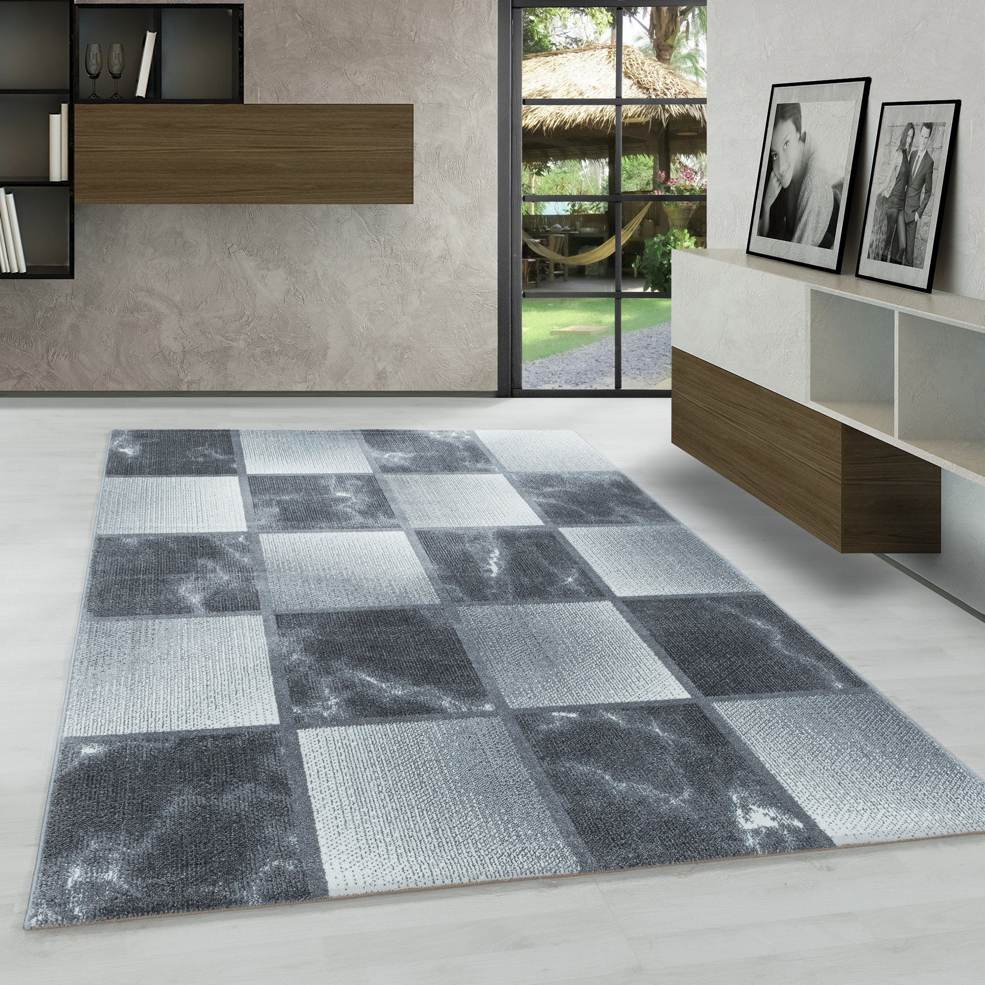 Frisé-Teppich Kariert Design, Carpetsale24, Läufer, Höhe: 8 mm, Modern Kurzflor Teppich Wohnzimmer Kariert Design verschidene größen