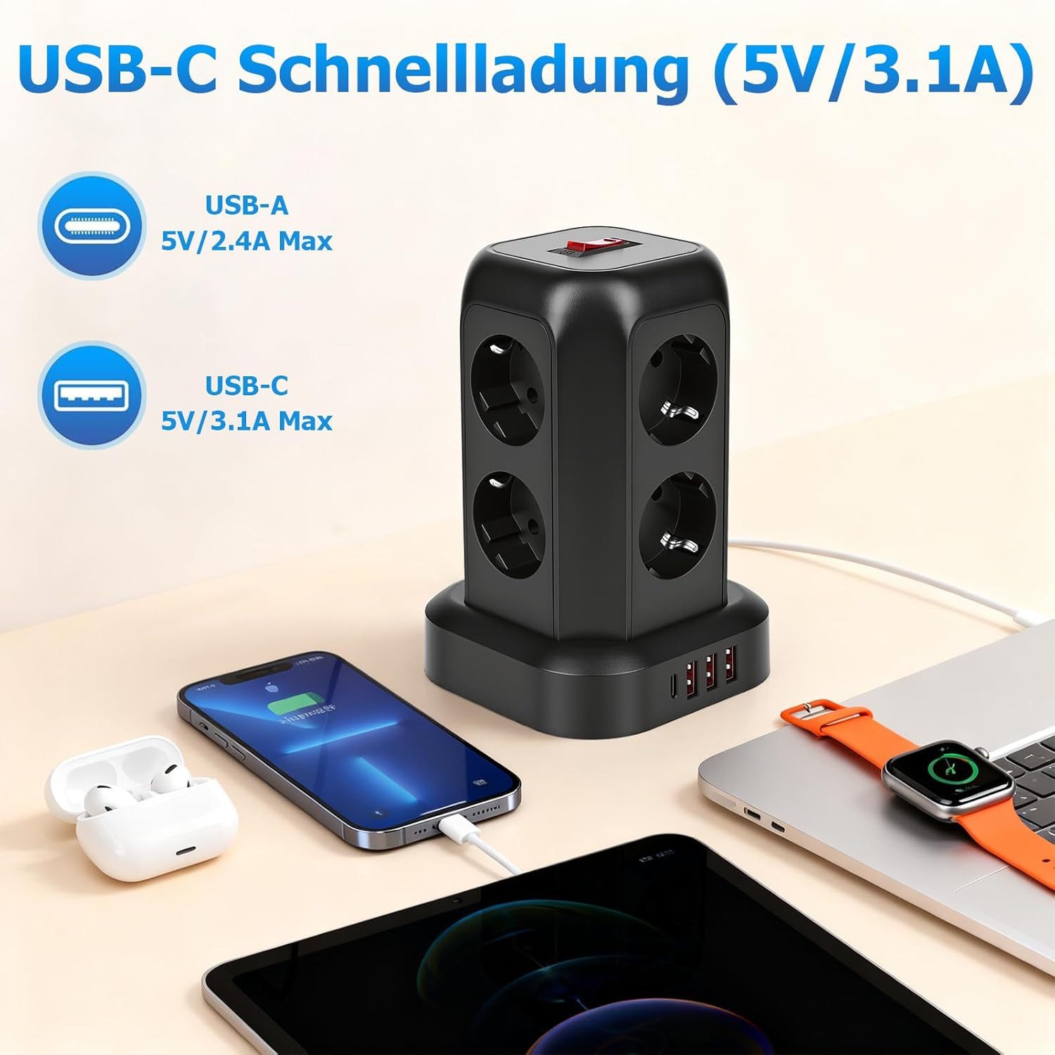 Romatico Steckdosenturm USB-C & USB-A 8 Steckdosen Schalter Überspannungsschutz Mehrfachsteckdose 8-fach (Mehrfachsteckdose, USB-C, USB-A, 8 Steckdosen, Schalte – Bild 3 von 5
