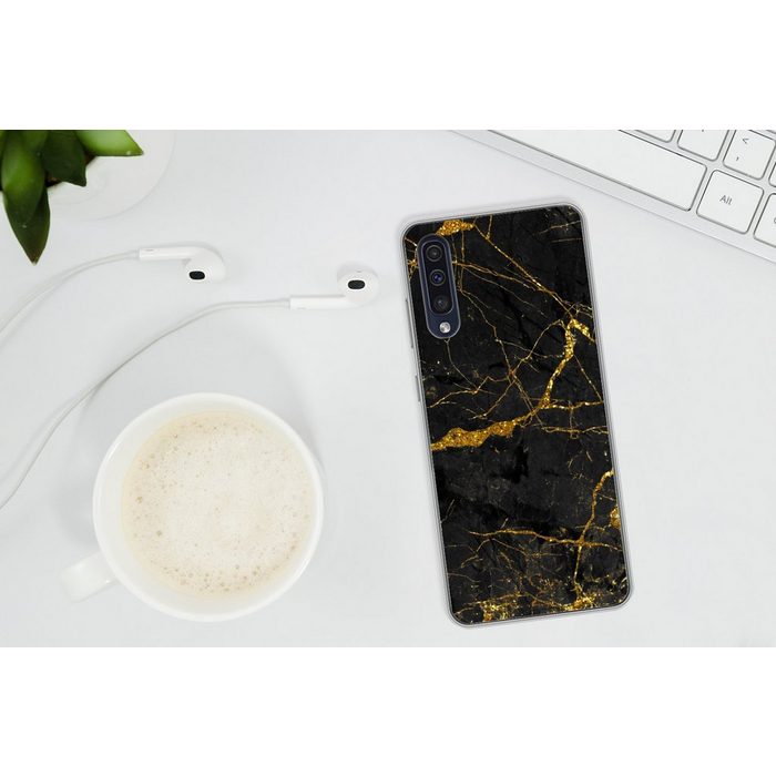 MuchoWow Handyhülle Marmor - Gold - Schwarz - Marmoroptik - Luxus - Glitzer Handyhülle Samsung Galaxy A30s Smartphone-Bumper Print Handy AR12535