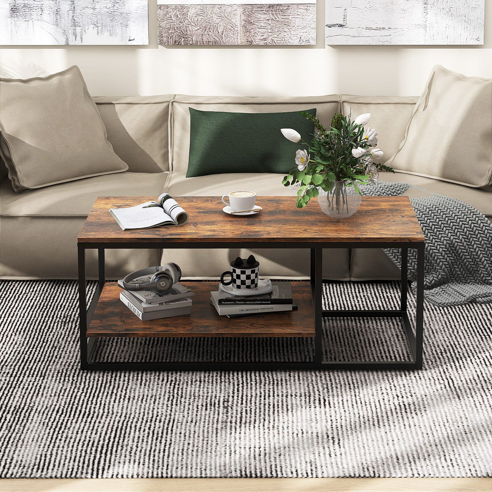 COSTWAY Couchtisch, mit Stauraum & Ablage, 2 Ebenen, Metallrahmen, 105cm