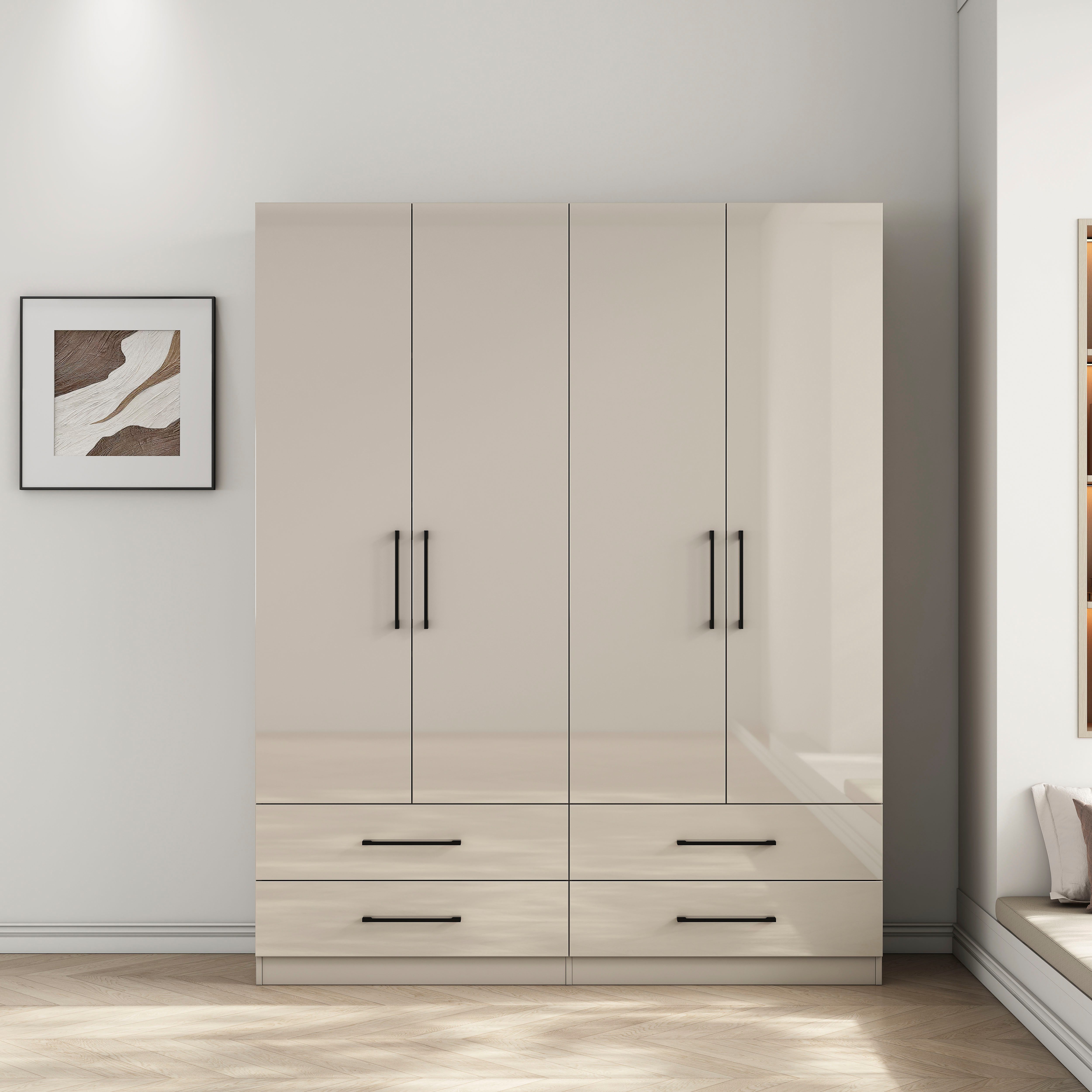 OTTO home Kleiderschrank Sylt Schlafzimmerschrank Garderobe Schrank hochglanz (Drehtürenschrank mit 4 Schubladen und 4 Türen) Schrank in Breite 160 mit viel Stauraum