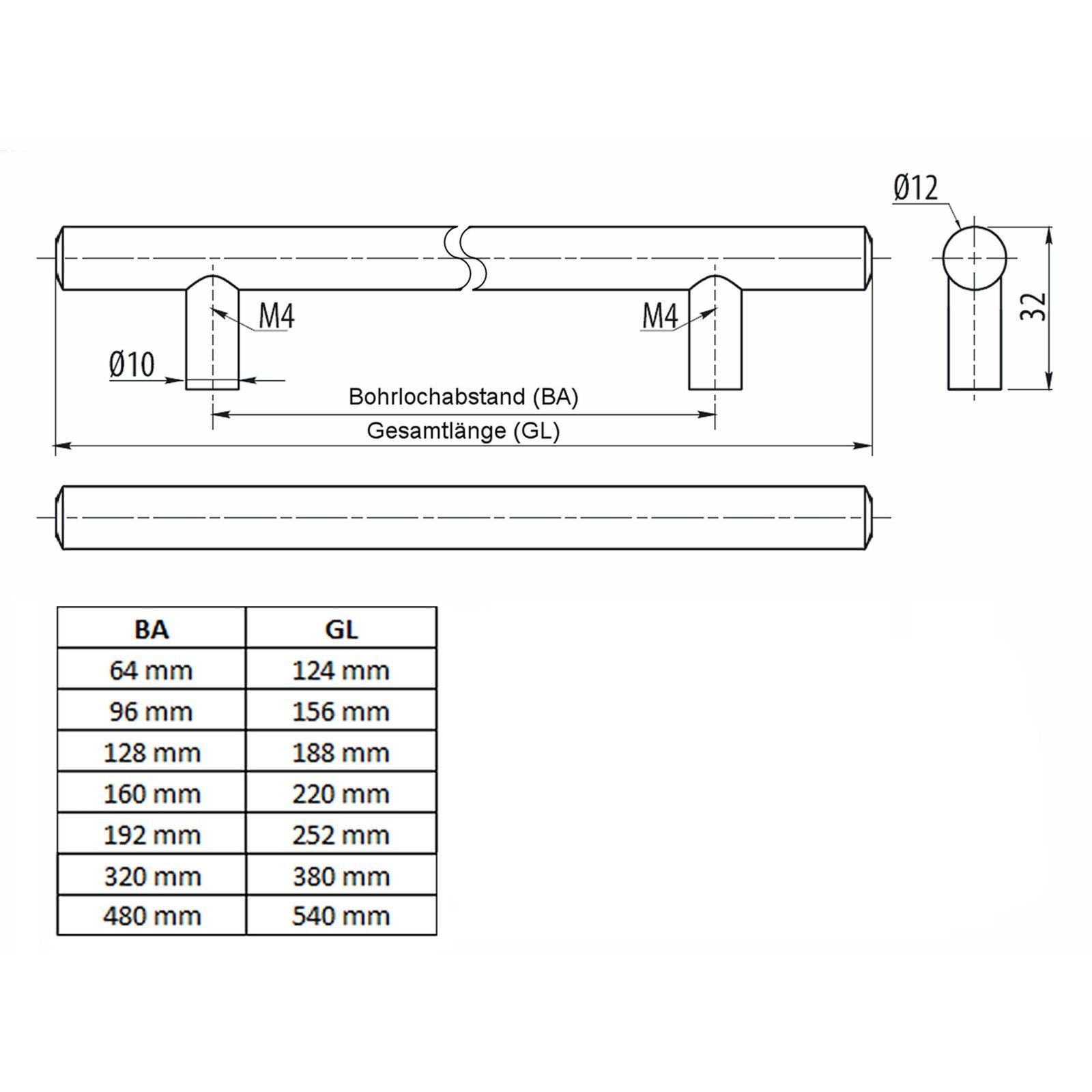 SO-TECH® Möbelgriff Stangengriff G11 Chrom poliert Ø 12 mm BA 64 - 480 mm, Bohrlochabstand 64 mm, Länge 124 mm, incl. Schrauben