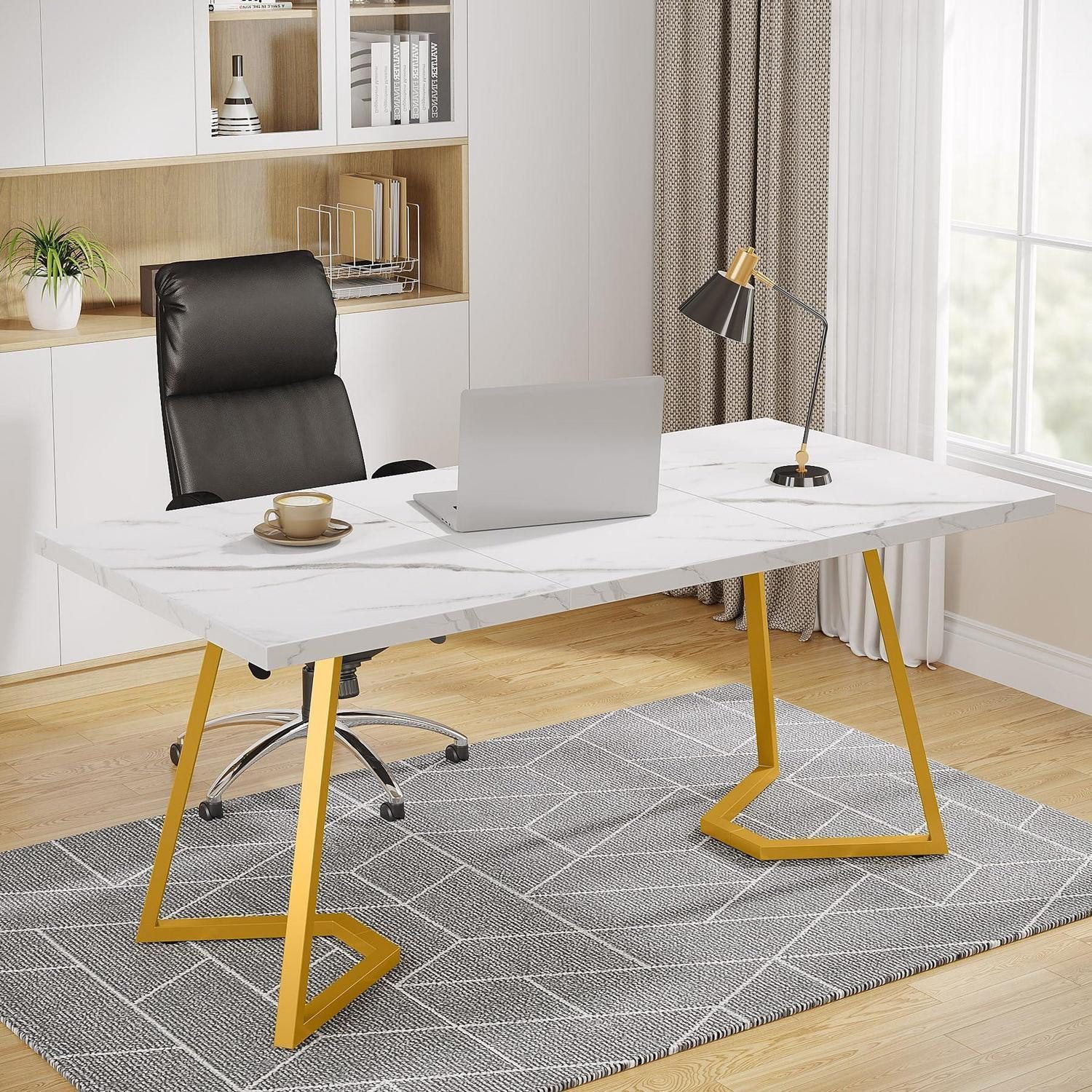 LuxusKollektion Schreibtisch Schreibtisch 140x80 cm Weiß Gold Marmoroptik Computertisch (1-St)
