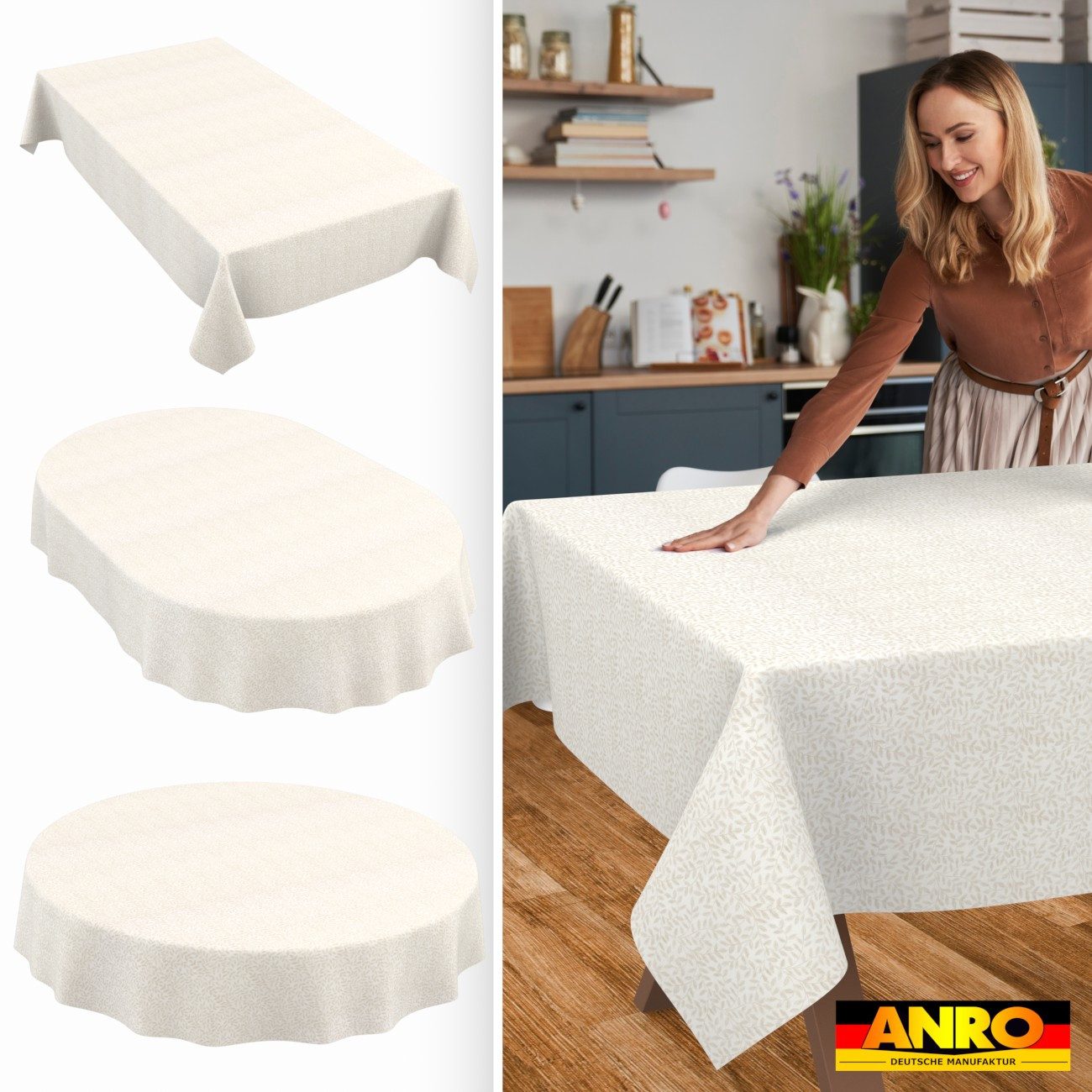 ANRO Tischdecke abwaschbar Barcelona Stoff Hochwertig Blätter Natur Boho (Einzelstück 1-tlg), Stoff schmutzabweisend 100x140cm Blätter Beige