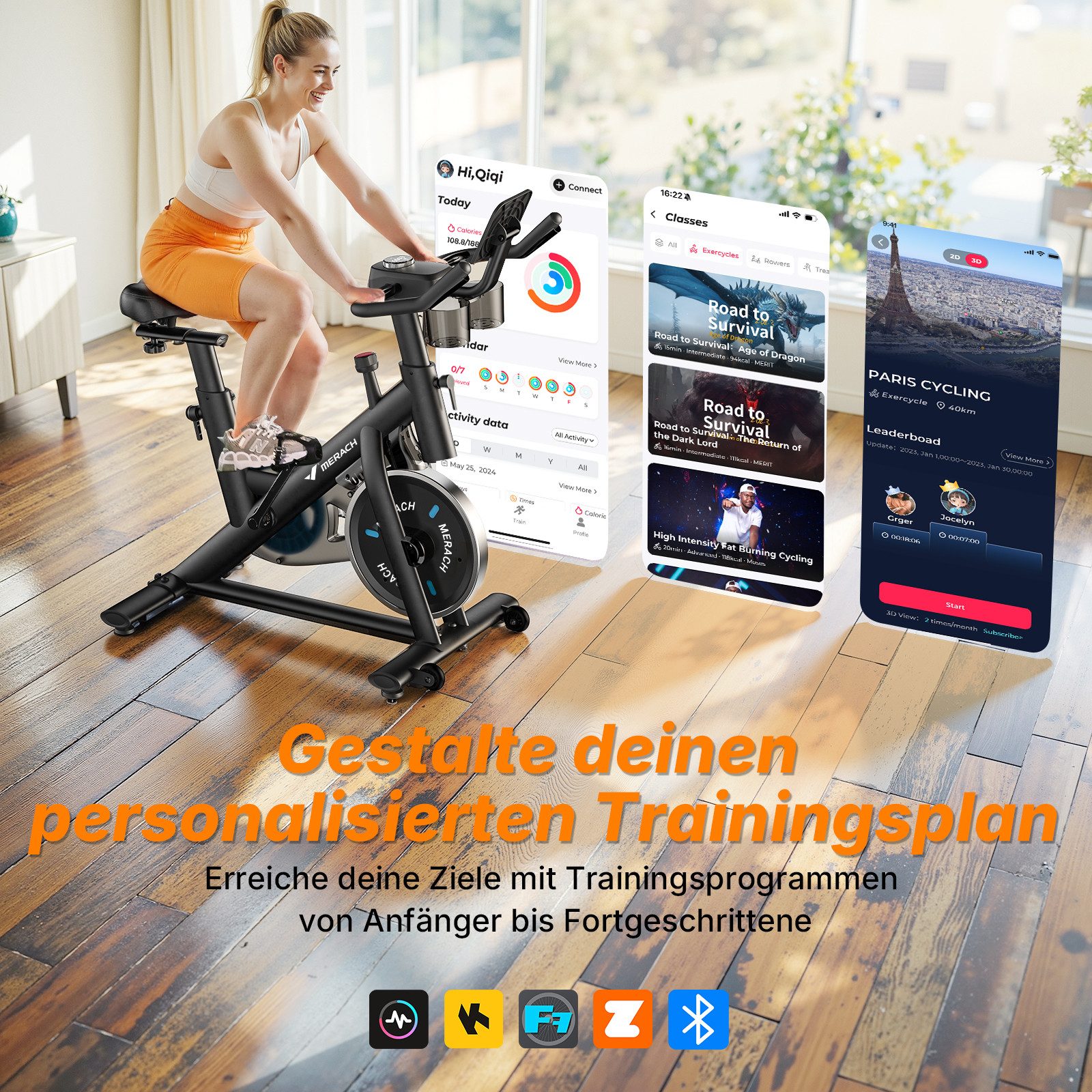 MERACH Heimtrainer Fahrrad leises Trimmrad mit Magnet-Widerstand & App (1-tlg), Leises Magnet-Bremssystem, 8-Stufen, stabil, belastbar bis 136 kg