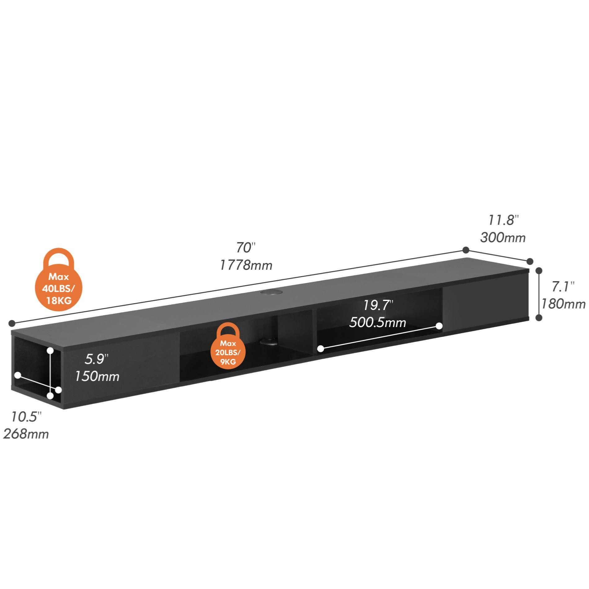 WAMPAT TV-Board hängendes, ca. 180 cm breites Lowboard mit 4 Fächern, LED-Beleuchtung, für Fernseher bis 80 Zoll, offene Seiten, 16 LED-Farben
