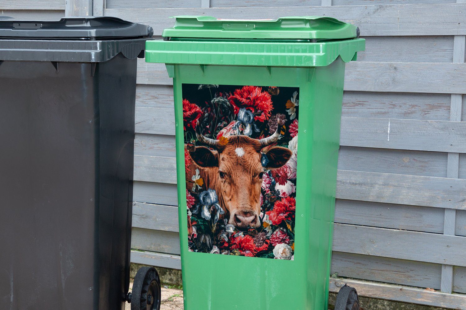 MuchoWow Wandsticker Kühe - Blumen Container, (1 - Mülltonne, St), - Tier Mülleimer-aufkleber, Sticker, Abfalbehälter Porträt
