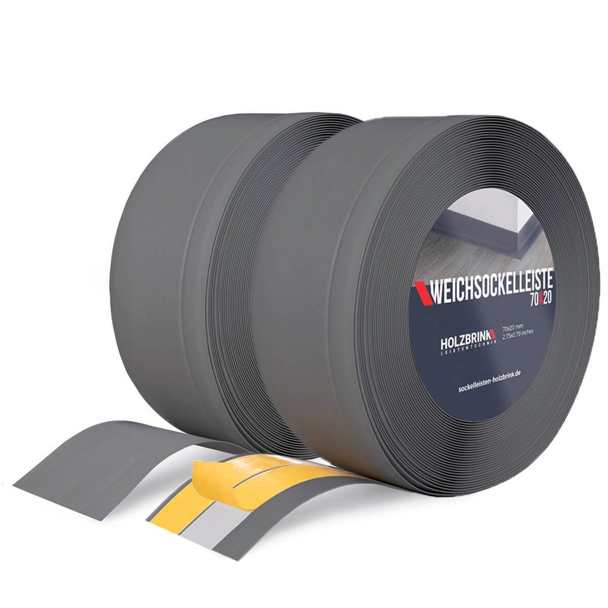 HOLZBRINK Sockelleiste PVC Weichsockelleiste selbstklebend 70x20mm Graphitgrau, 10m Rolle, Küchenabschlussleiste Arbeitsplatte, Fensterleiste, Fensterabdichtung