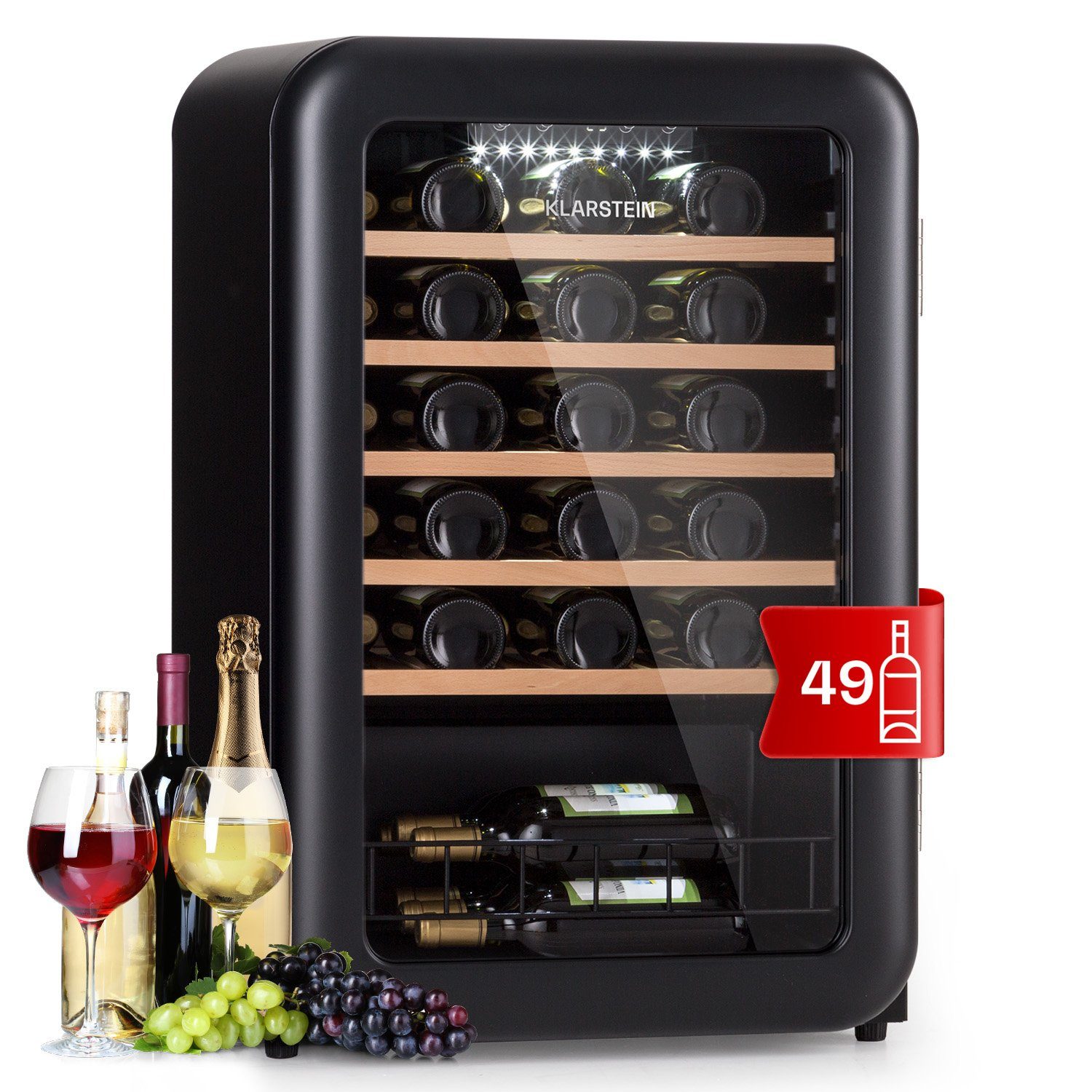 Klarstein Weinkühlschrank Vinetage 49 Uno, für 49 Standardflaschen á 0,75l,Flaschenkühlschrank Weintemperierschrank Weinschrank Kühlschrank Retro Schwarz | Schwarz