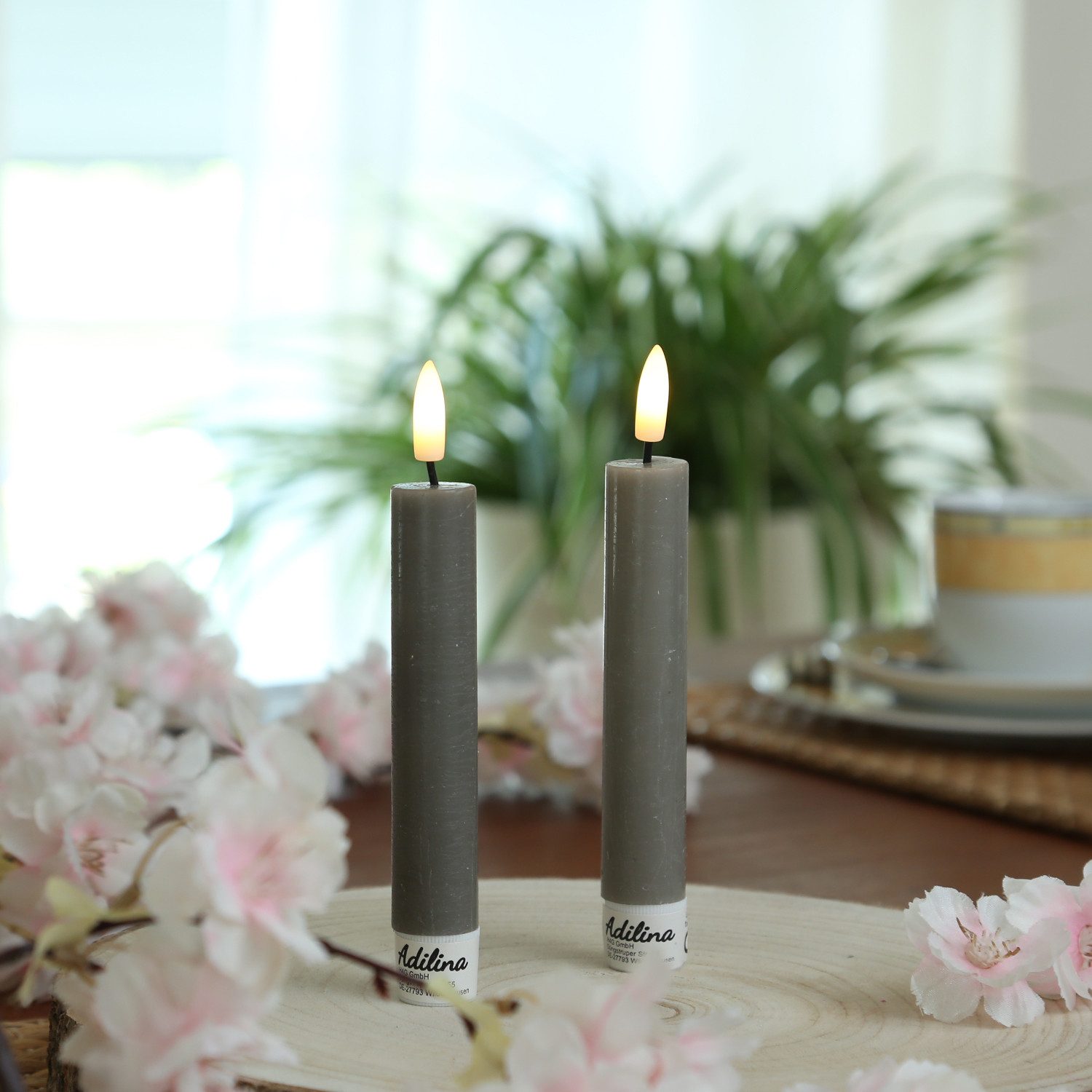 Adilina LED-Kerze LED Stabkerzen Tafelkerzen Dinner Spitzkerzen rustikal 16cm grau 2St, warmweiß (2100K bis 3000K)