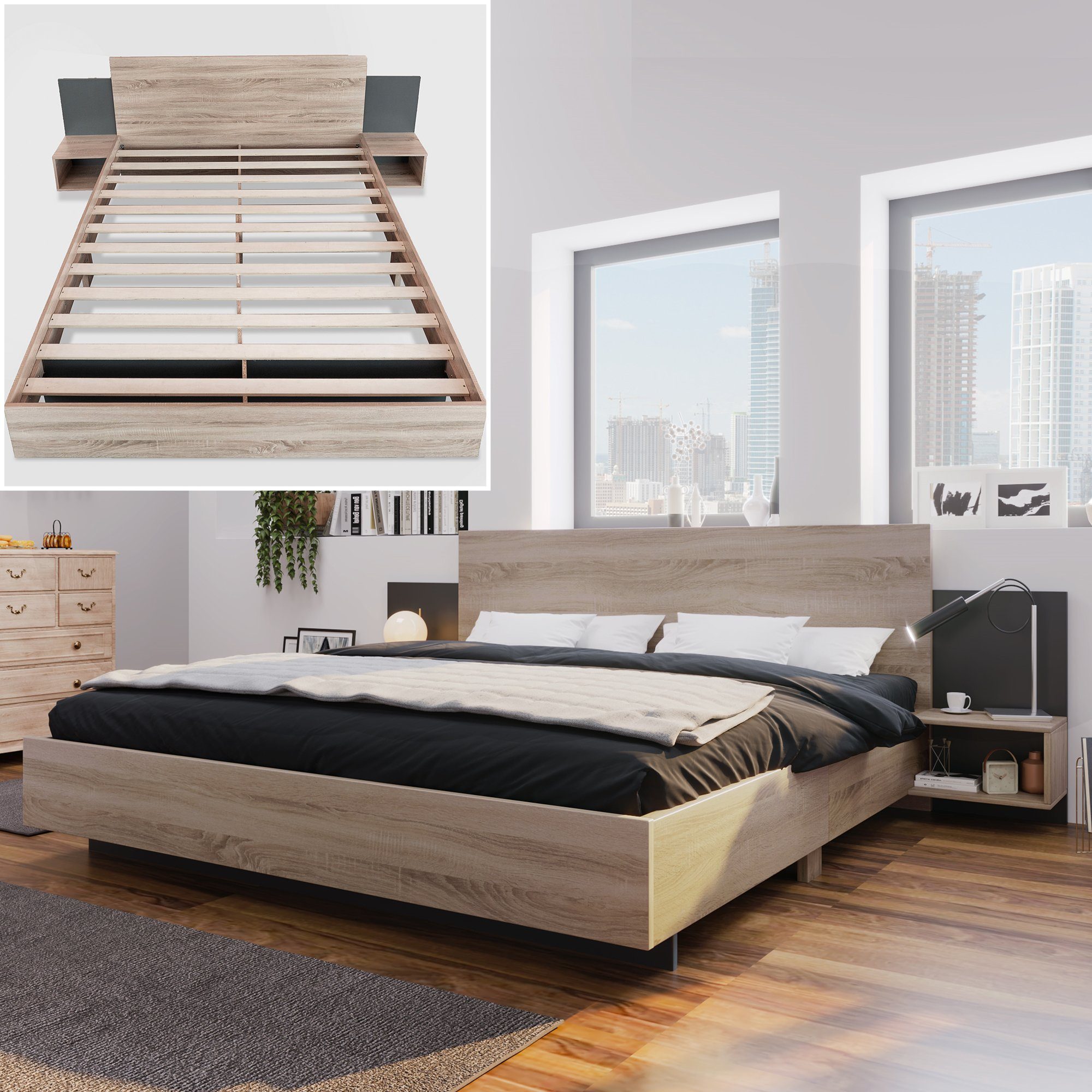 Schlafzimmer Modernesbett Komplet Nachttisch Doppelbett Holzbett Holzbett Gotagee +2 Integrierter Nachttischen,
