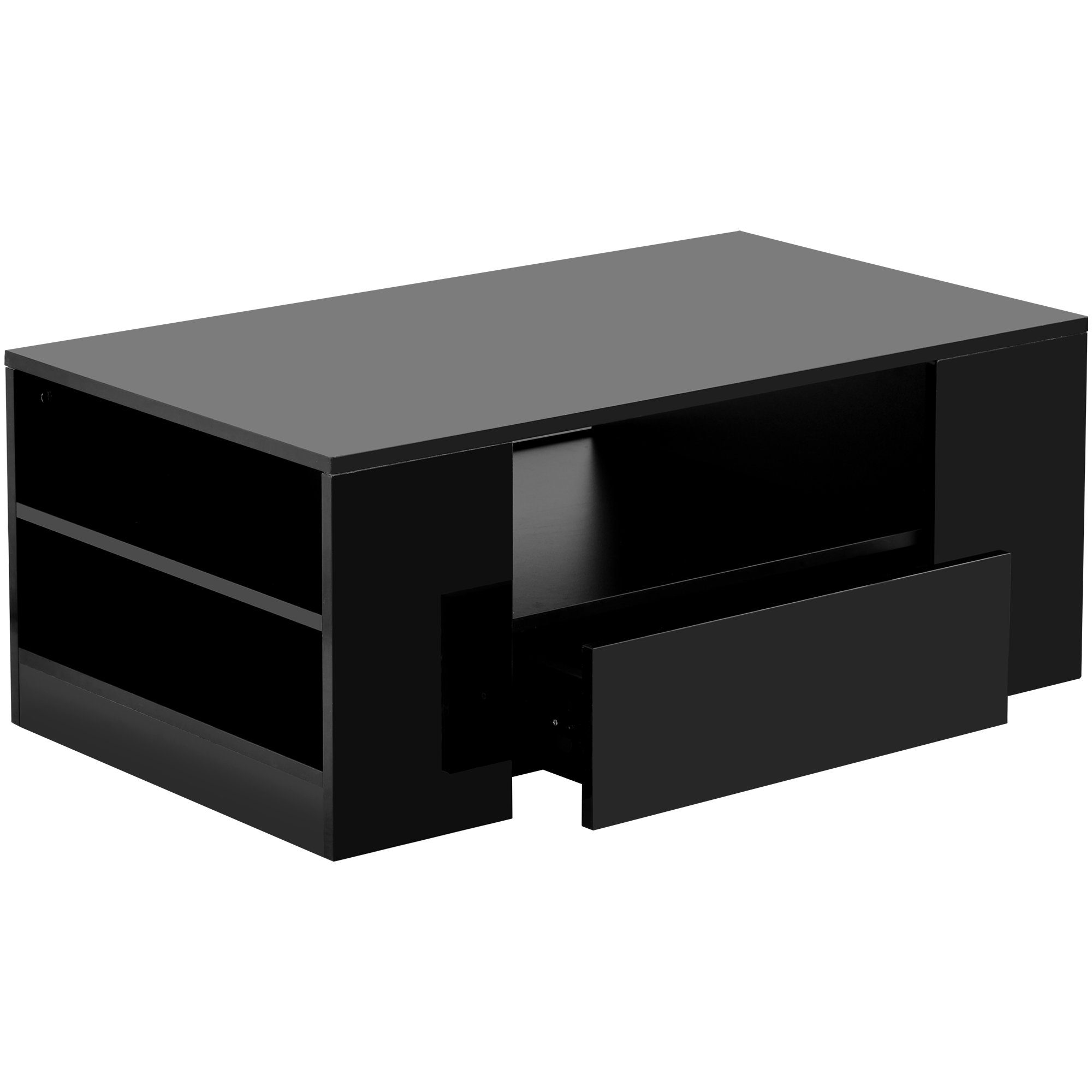 Couchtisch (Wohnzimmertisch Hochglanz Schwarz), Sofatisch mit LED-Beleuchtung, 2 Schubladen, 2 Regale, 95 x 53 x 37 cm
