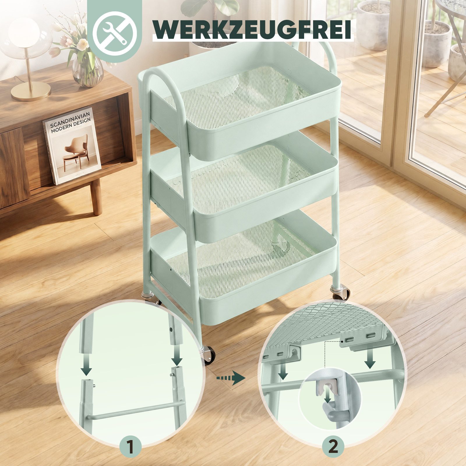 Sekey Küchenwagen Servierwagen mit Rollen Beistellwagen mit 3 Ablageebenen aus Metall, Werkzeuglose Montage mit Klick-System, 2 Körben & 4 Haken – Bild 4 von 5