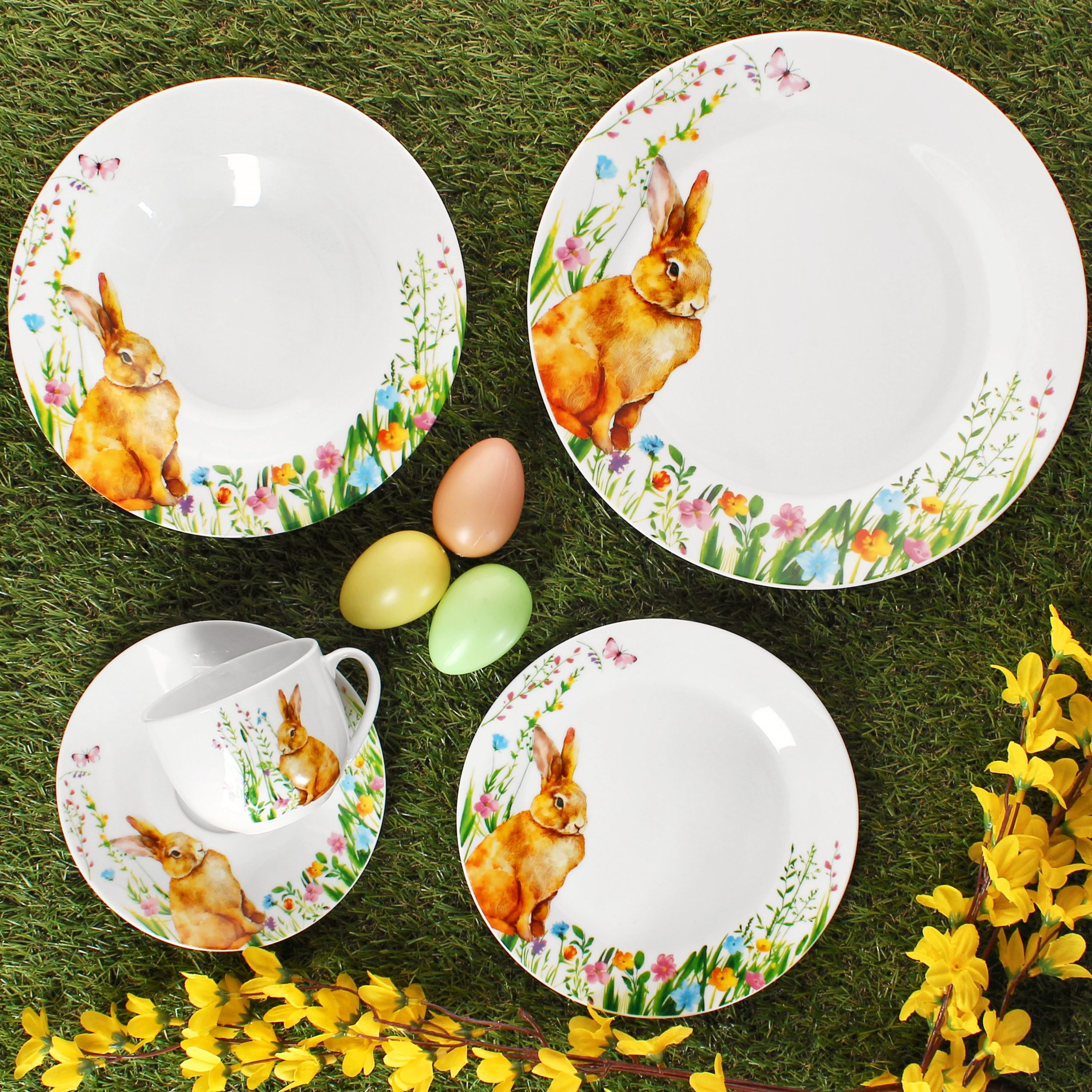 MamboCat Kombiservice 30tlg Kombiservice Osterfreude Tasse Untertasse Teller Hase, Porzellan