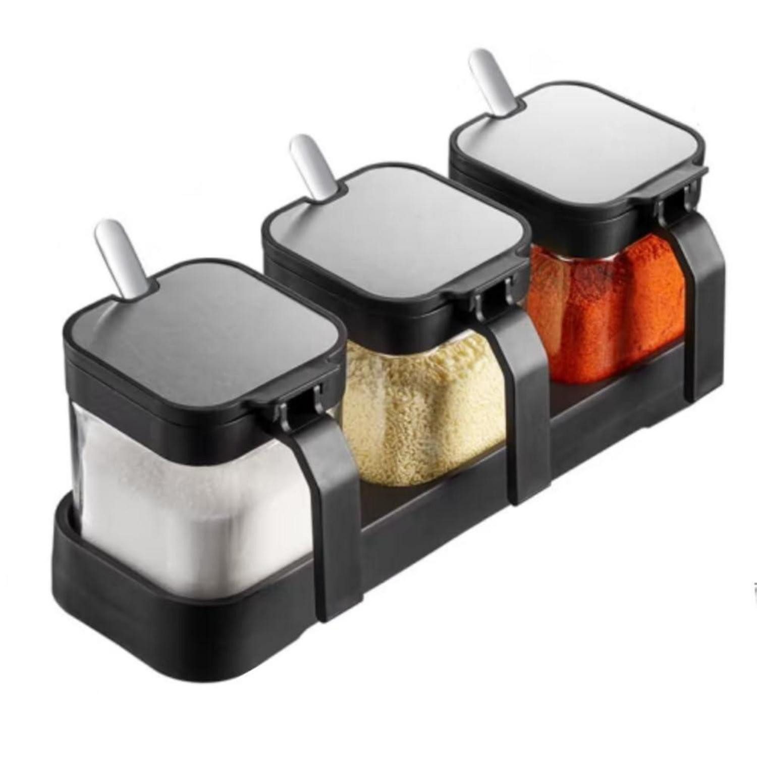LuxusKollektion Gewürzbehälter Gewürzglas Set 3x 250ml mit Löffel Schwarz, Glas