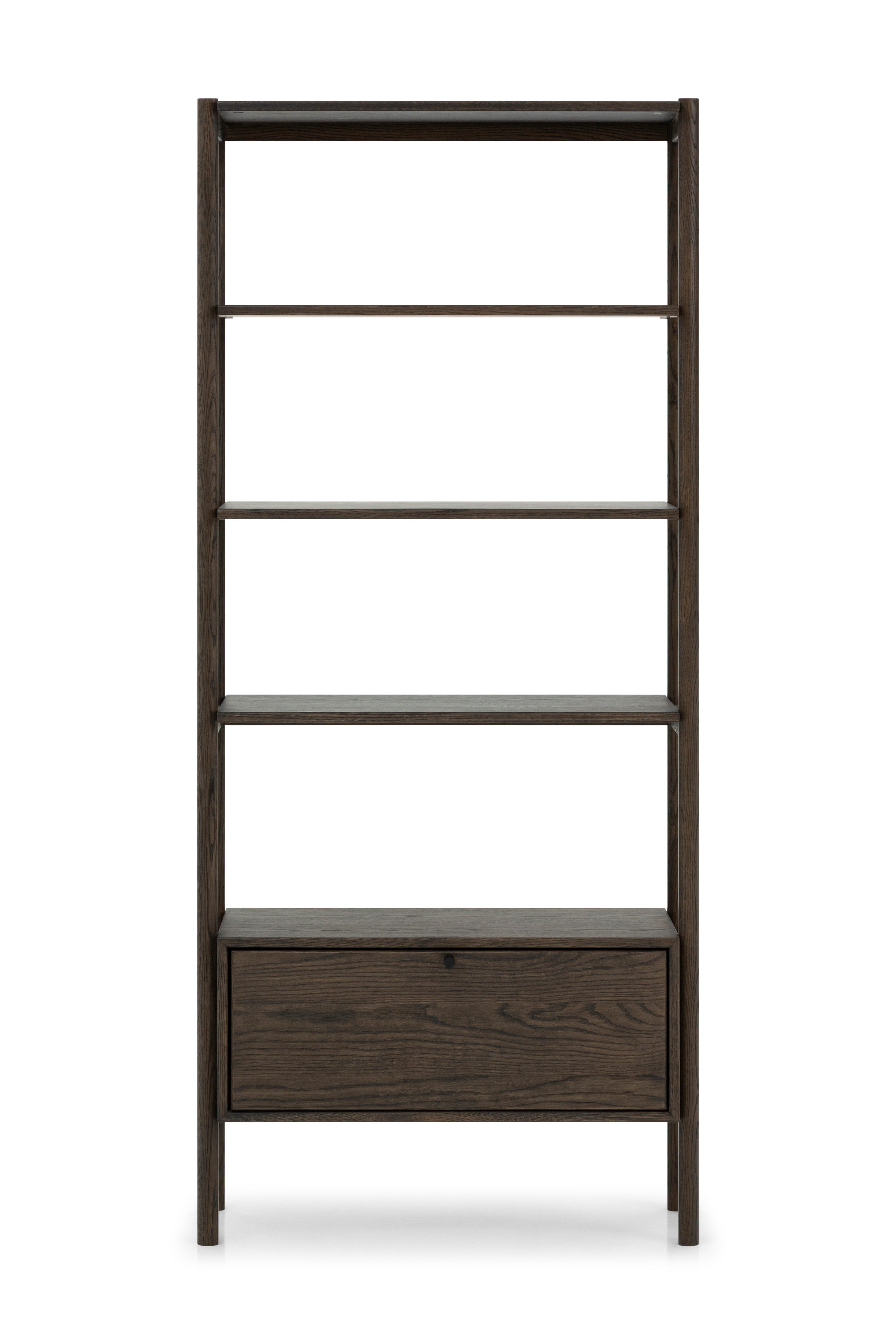 Woodek Design Bücherregal FRANZ aus massiver Eiche und Eichenfurnier, Espresso, Handgefertigt, Espresso matt lackiert 1-tlg., Breite 80 cm, Höhe 185 cm, Tiefe 33 cm