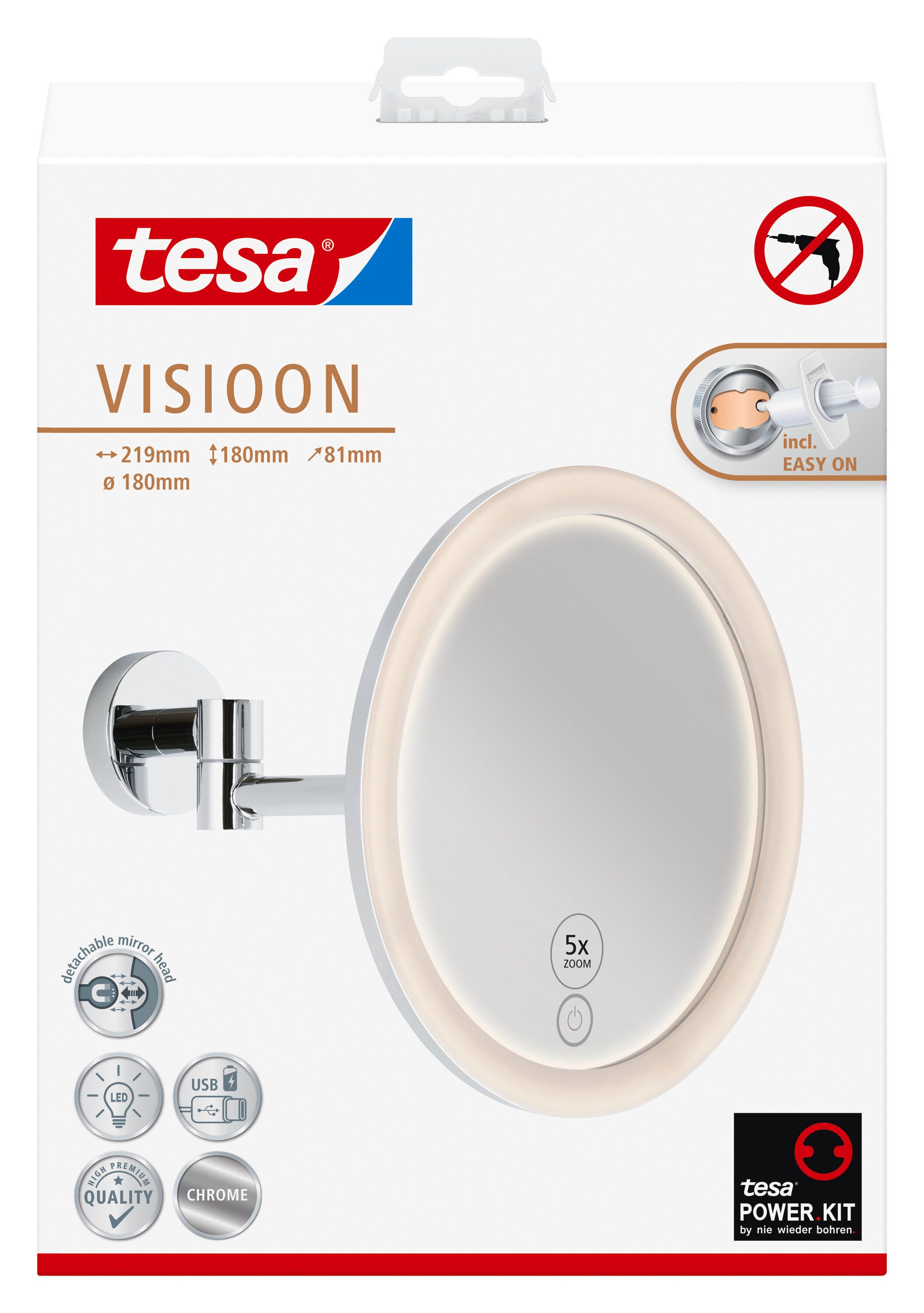 tesa Schminkspiegel Visioon Косметички mit Beleuchtung, Montage ohne Bohren, Chrom (Komplett-Set, 1-St., Make-Up-Spiegel mit Schwenkarm, USB-C-Ladekabel, Power.Kit Klebelösung), Wandspiegel mit dimmbaren LEDs, 5-fach Vergrößerung, Touch-Bedienung
