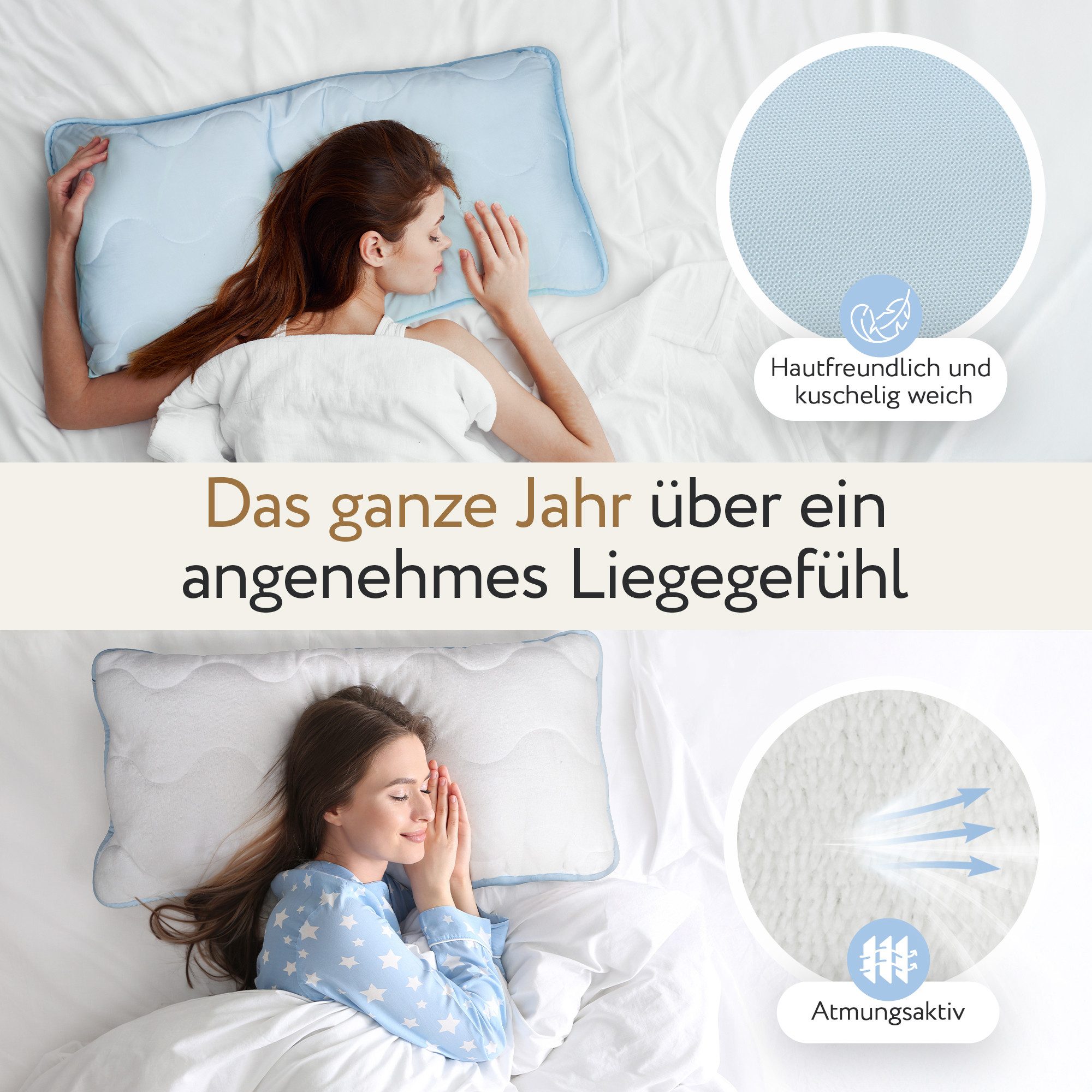 Herlag Kopfkissen 2-in-1 Sommer- & Winterseite, Bauchschläfer, Rückenschläfer, Seitenschläfer, Ganzjahres-Wendekissen Kühlend & Wärmend