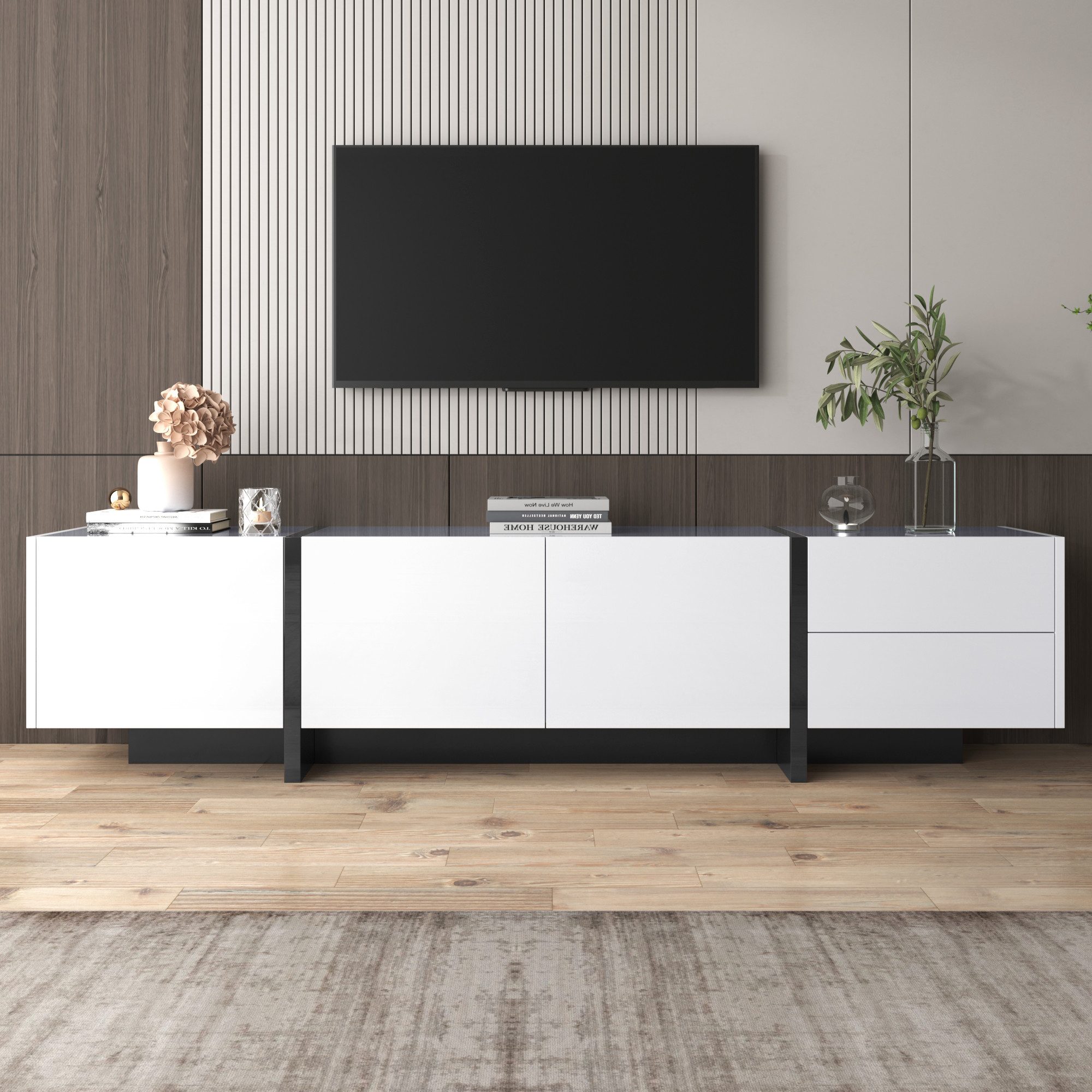 STILVORA Wohnzimmer-Set mit Schubladen,TV-Schrank Fernsehschrank mit Hochglanz,Schwarz+Weiß, (Mit farbblockierten Beinen in Hochglanz-Weiß und Schwarz, 1-St), Breite:190cm