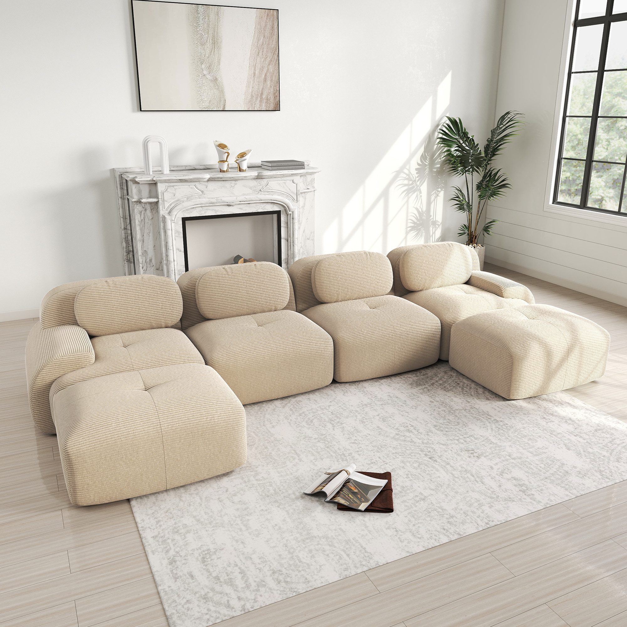Odikalo 3-Sitzer modular kombinierbar Polstersofa Chaiselongue, Modulares U-Sofa ohne Montage, atmungsaktiver Cordstoff, 32D hochelastische Polsterung, extra-breite Armlehnen, haustierfreundlich und ergonomisch für Wohnzimmer und Schlafzimmer