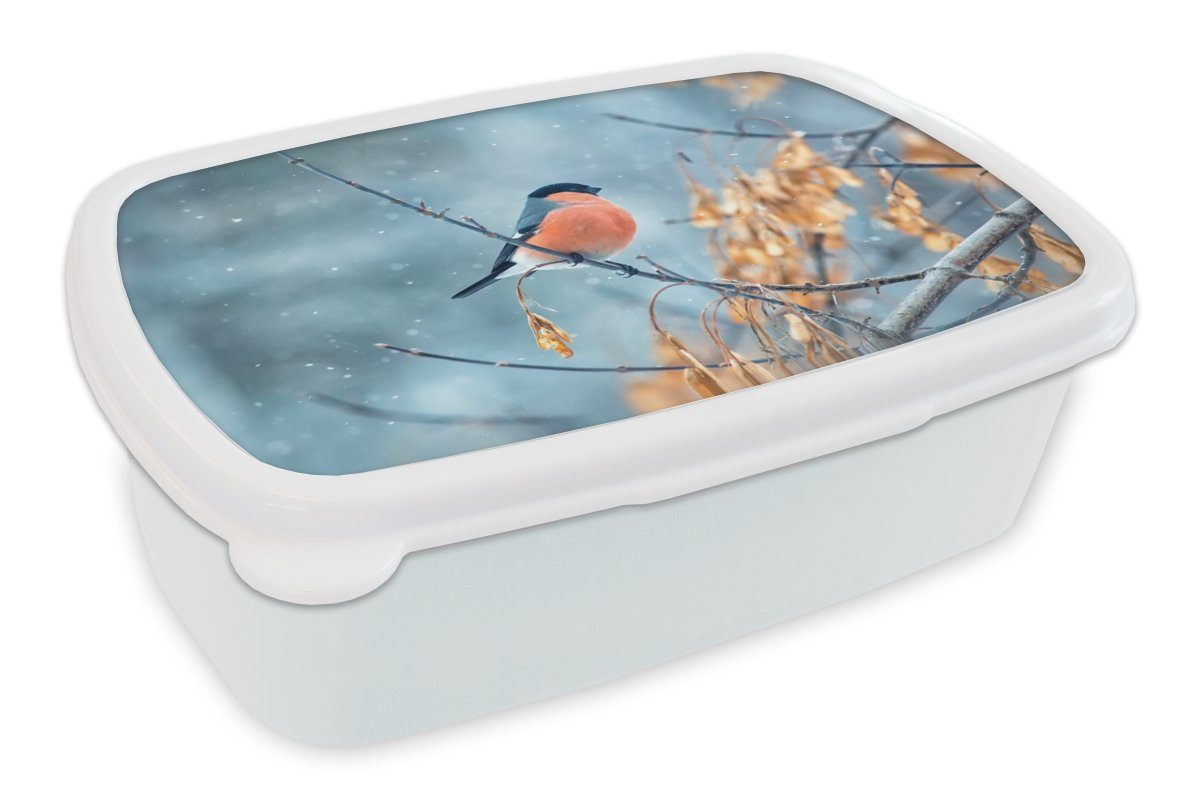 MuchoWow Lunchbox Rotkehlchen - Vogel - Schnee - Herbstliche Blätter, Kunststoff, (2-tlg), Brotbox für Kinder und Erwachsene, Brotdose, für Jungs und Mädchen weiß