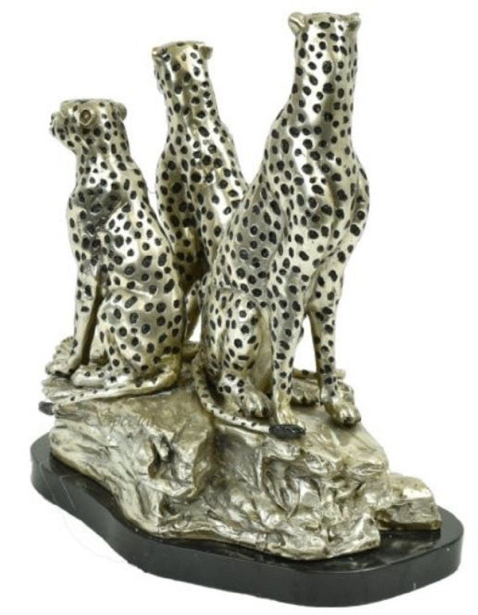 Versilberte 36 24 Bronzefigur H. / Bronze Marmorsockel Geparden cm Casa sitzende - Schwarz 3 Luxus 41 Padrino Skulptur x mit x Dekofigur Silber