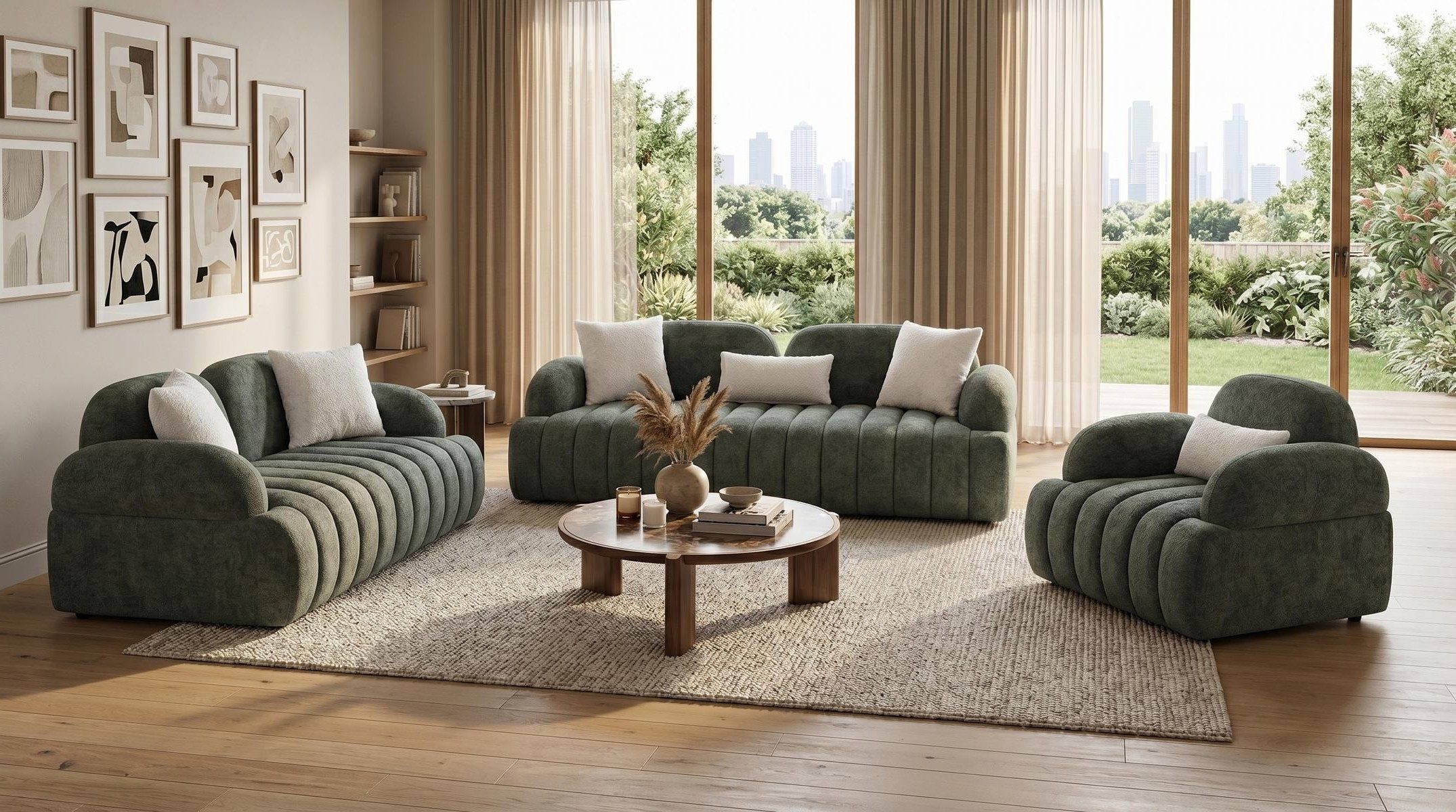 Xlmoebel Polstergarnitur Grüne Sofagruppe Sofas weiche Stoffsofas Wohnzimmer Set modern, (3-tlg., 3-2-1)