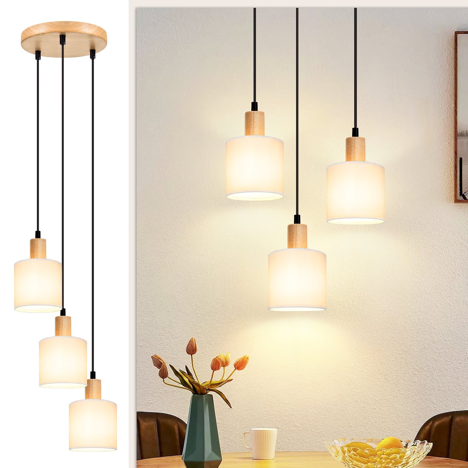 ZMH Pendelleuchte 3 Flammig Holz Esstischlampe Vintage - Rund Weiß Schlafzimmer, ‎Verstellbare Höhe, ohne Leuchtmittel, E14 Esstischlampe, für Esszimmer Restaurant