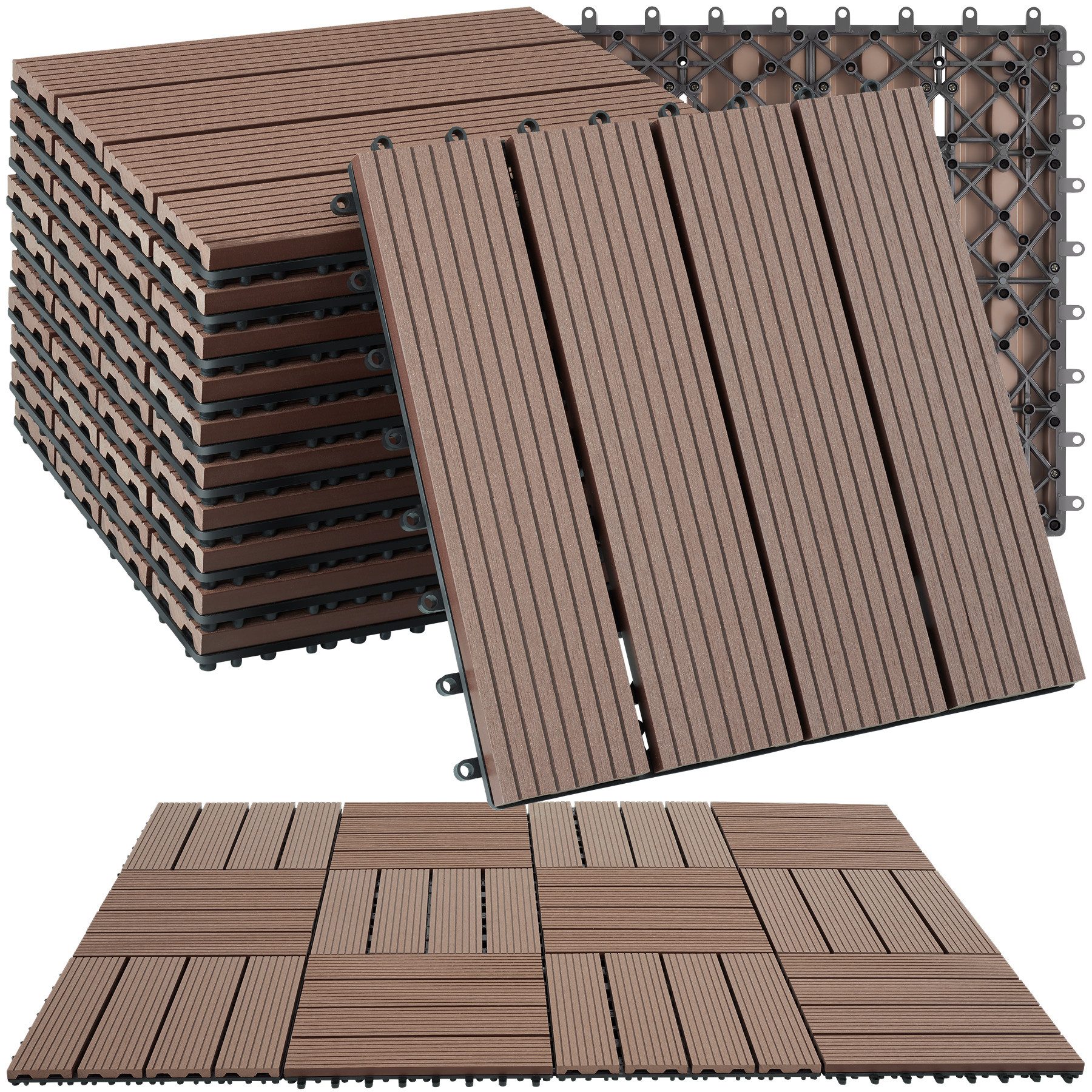 tectake Terrassendielen Terrassenfliesen 11er Set im Klicksystem, 31 x 31 x 2,2 cm, 1,0571 m², BxL: je 31,00x31,00 cm, (Terrassenplatten Außenbereich Tegulas, 11-St., in braun), robustes WPC in Holzoptik, mit Drainage, wetterfest