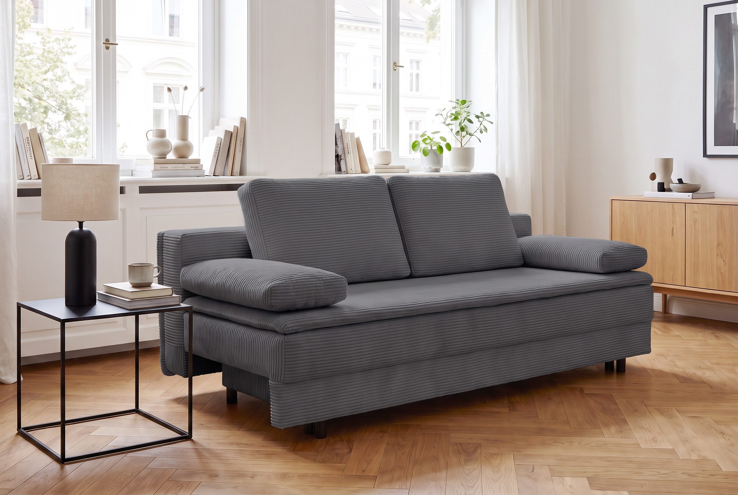OTTO home Schlafsofa JANNIKO Cord, Breite: 193 cm, Liegefläche 124x193 cm, softer Cord, mit Bettfunktion & Bettkasten, Matten-Polsterung