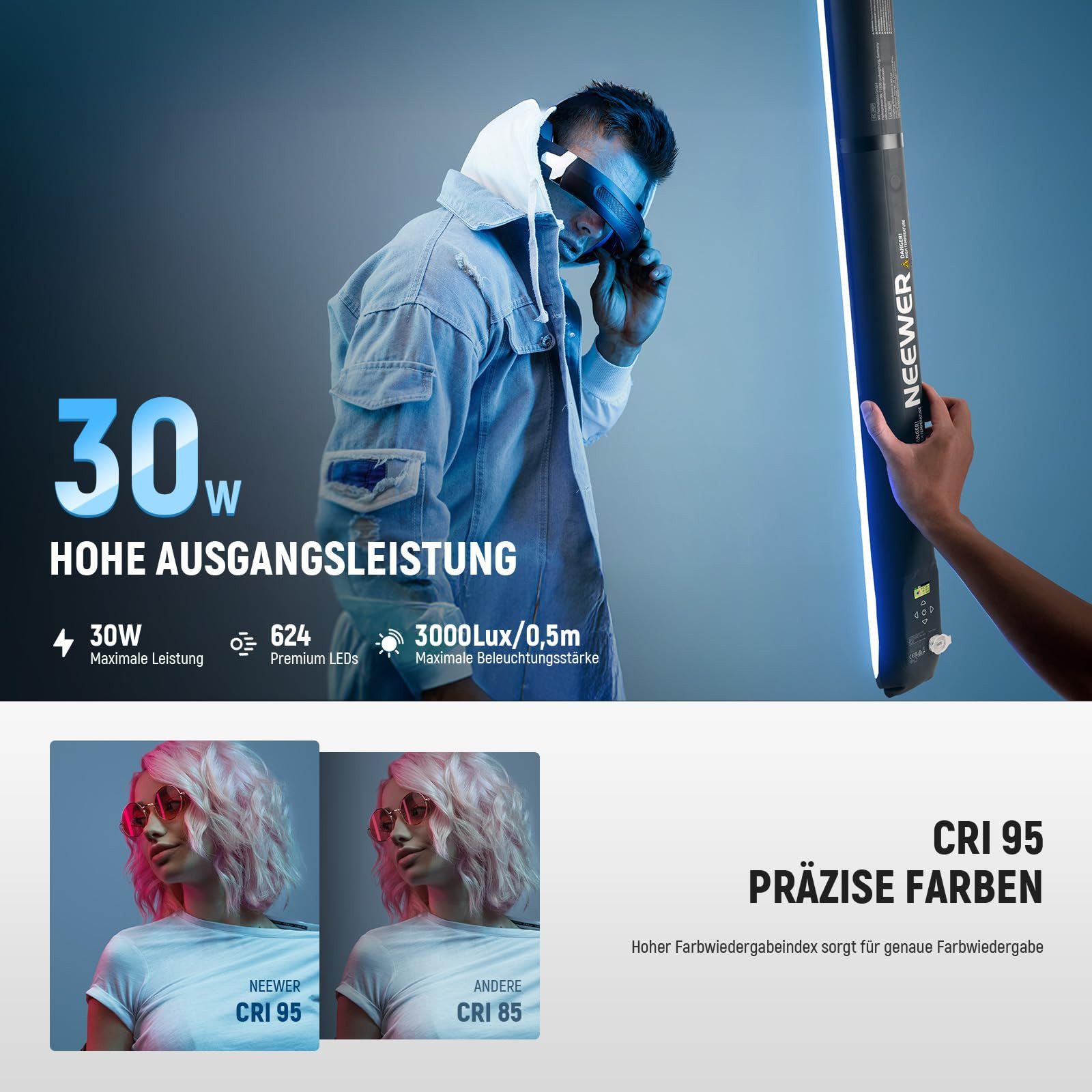 Neewer Videoleuchte GC30C 30W Handheld RGB Leuchtstab, 90cm, tragbare aufblasbare, TPU, 5000mAh, 3000Lux 17 Effekte, für Studiofotografie Videoaufnahmen