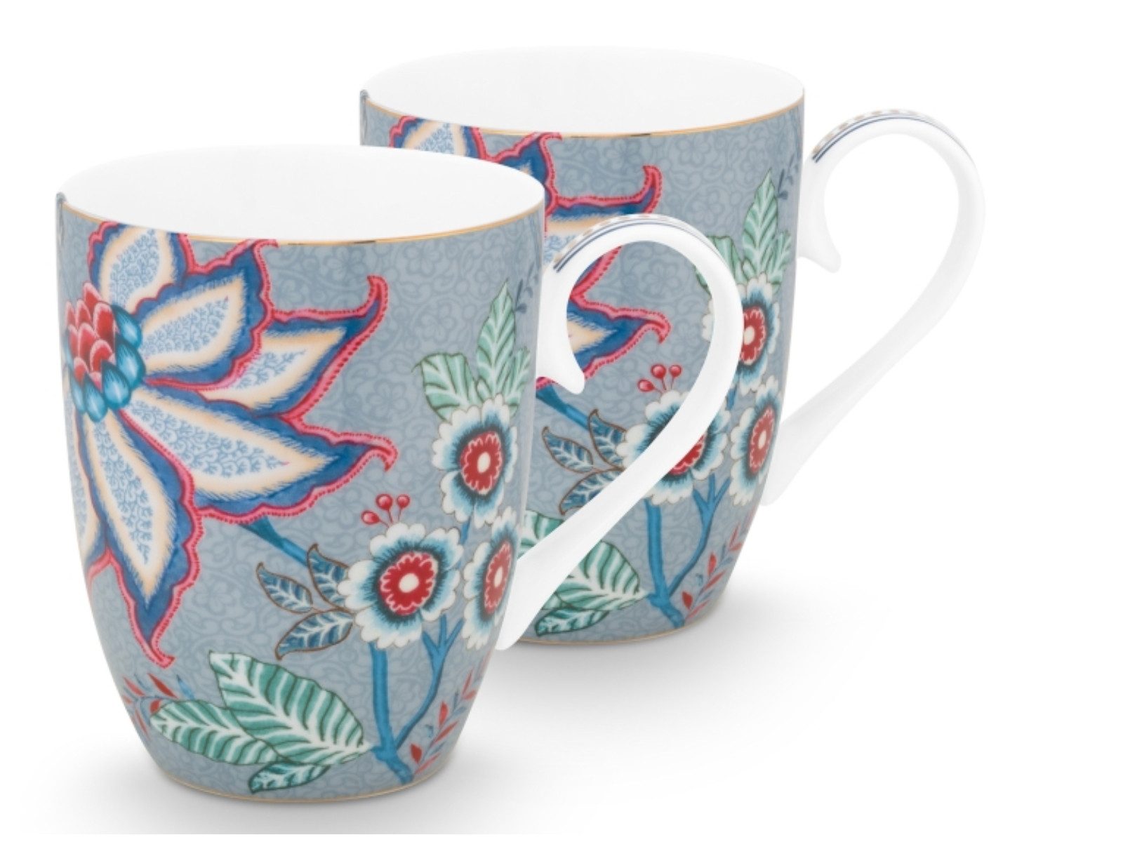 PiP Studio Becher Flower Festival Henkelbecher Light Blue 350ml Set2, Porzellan, Set/2 Mugs Large Flower Festival Light Blue 350ml