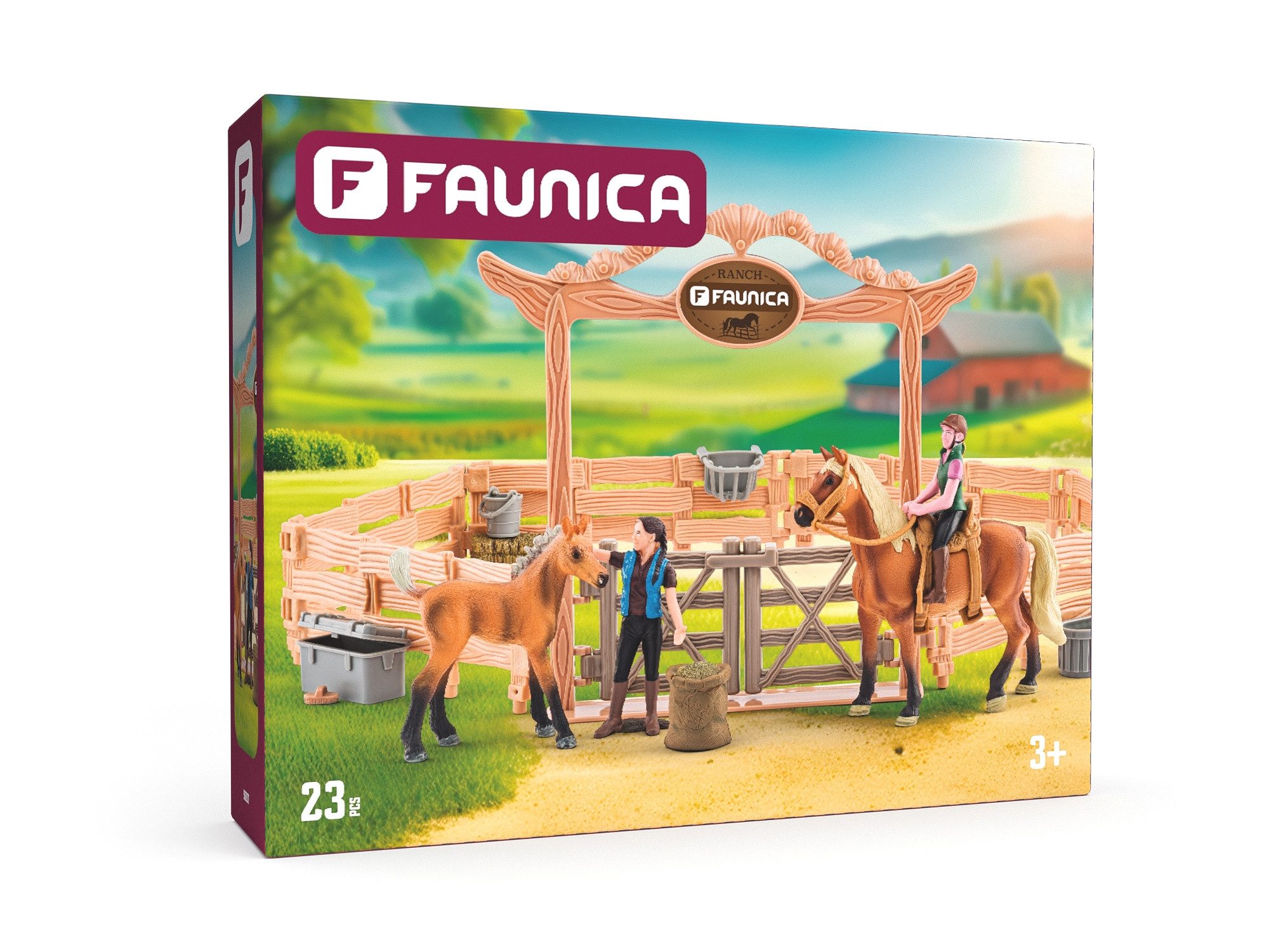 Woodyland Lernspielzeug Faunica Spielset Pferderanch mit Pferd, Fohlen und Zubehör, Set`s der Reihe Faunica kombinierbar