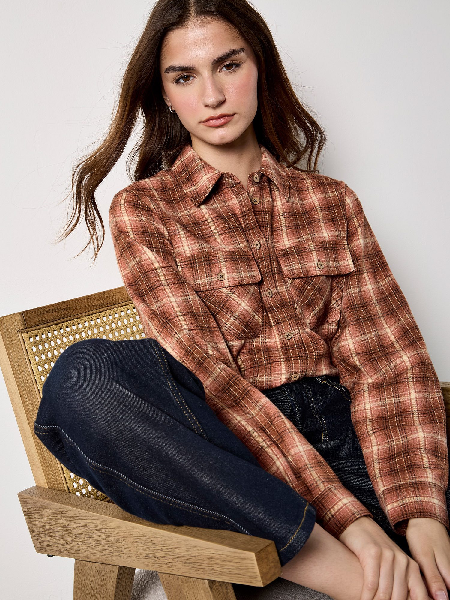 Apricot Karobluse Weiches kariertes kurzes Hemd mit Brusttaschen günstig online kaufen