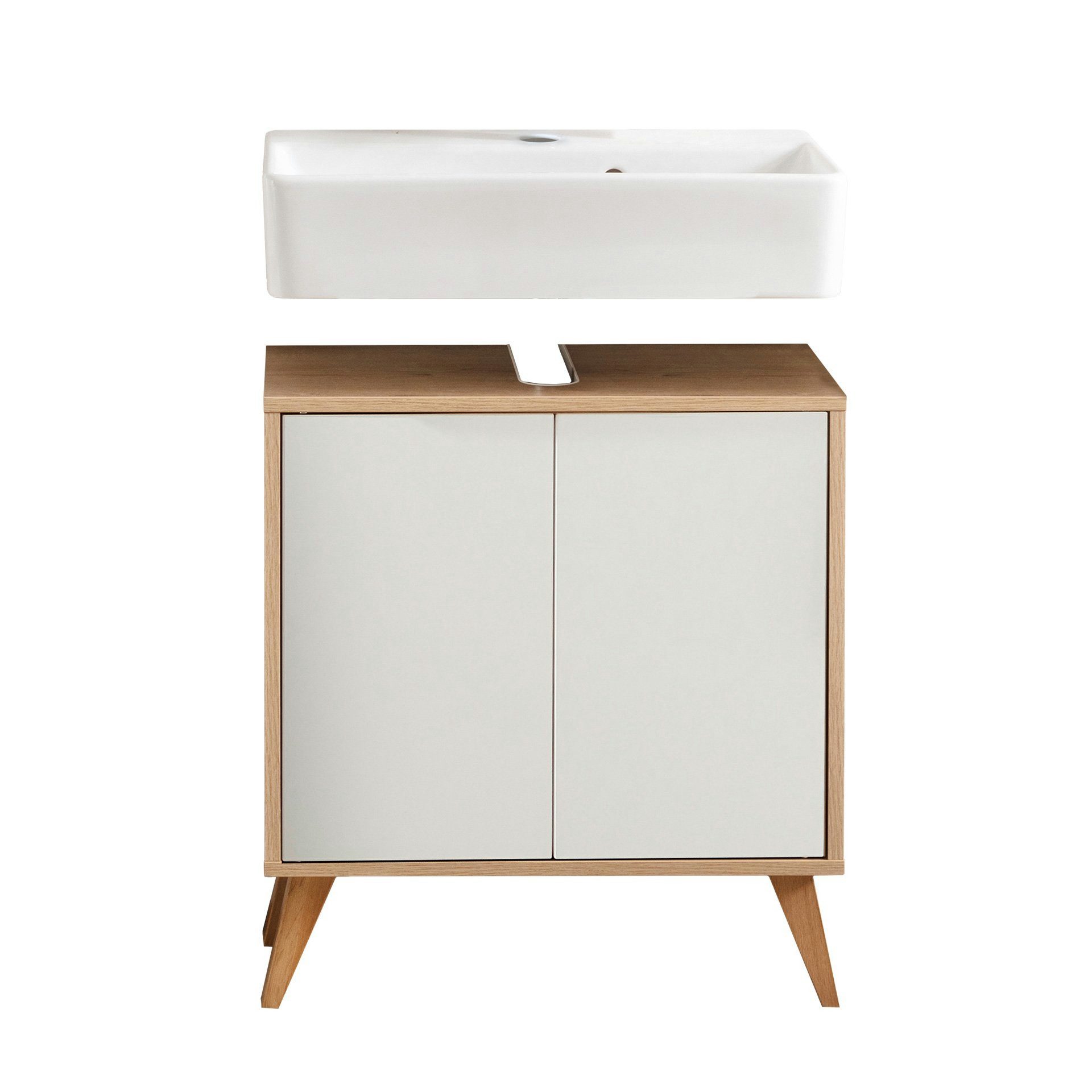 FACKELMANN Badmöbel-Set Finn Badmöbel Set 3-teilig 60 cm breit, mit Füßen, hell braun/weiß