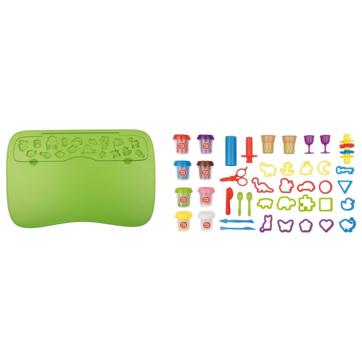 Playtive Spieltisch Knet Set Spieltisch 42 teilig mit Zubehör und 8x Knete ab 3 Jahren, (Knetset mit Spieltisch, 42-tlg), Fördert Kreativität und Feinmotorik