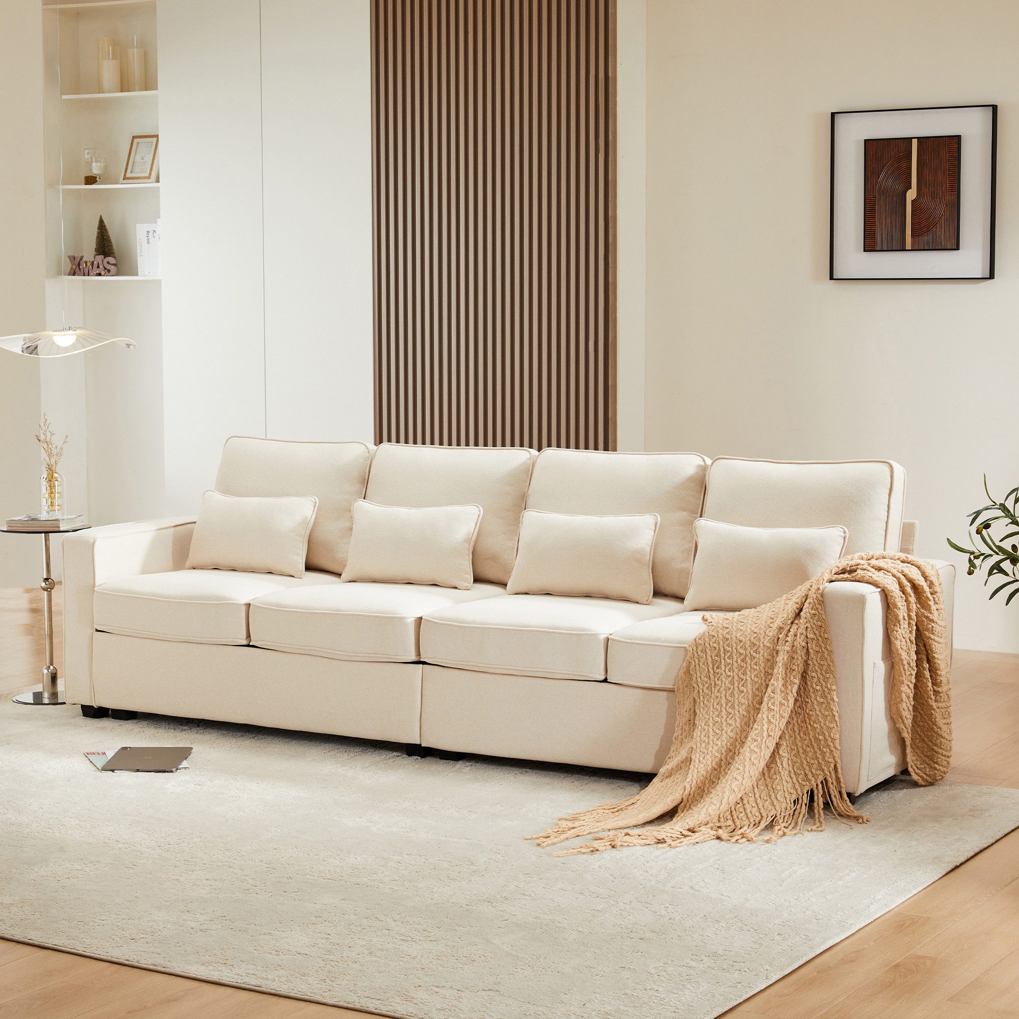 OKWISH Sofa 4-Sitzer-Schlafsofa aus Leinenstoff, Viersitzer-Sofa mit Armlehnentaschen und 4 Kissen, einfaches Sofa für Wohnzimmer, Wohnung, Büro