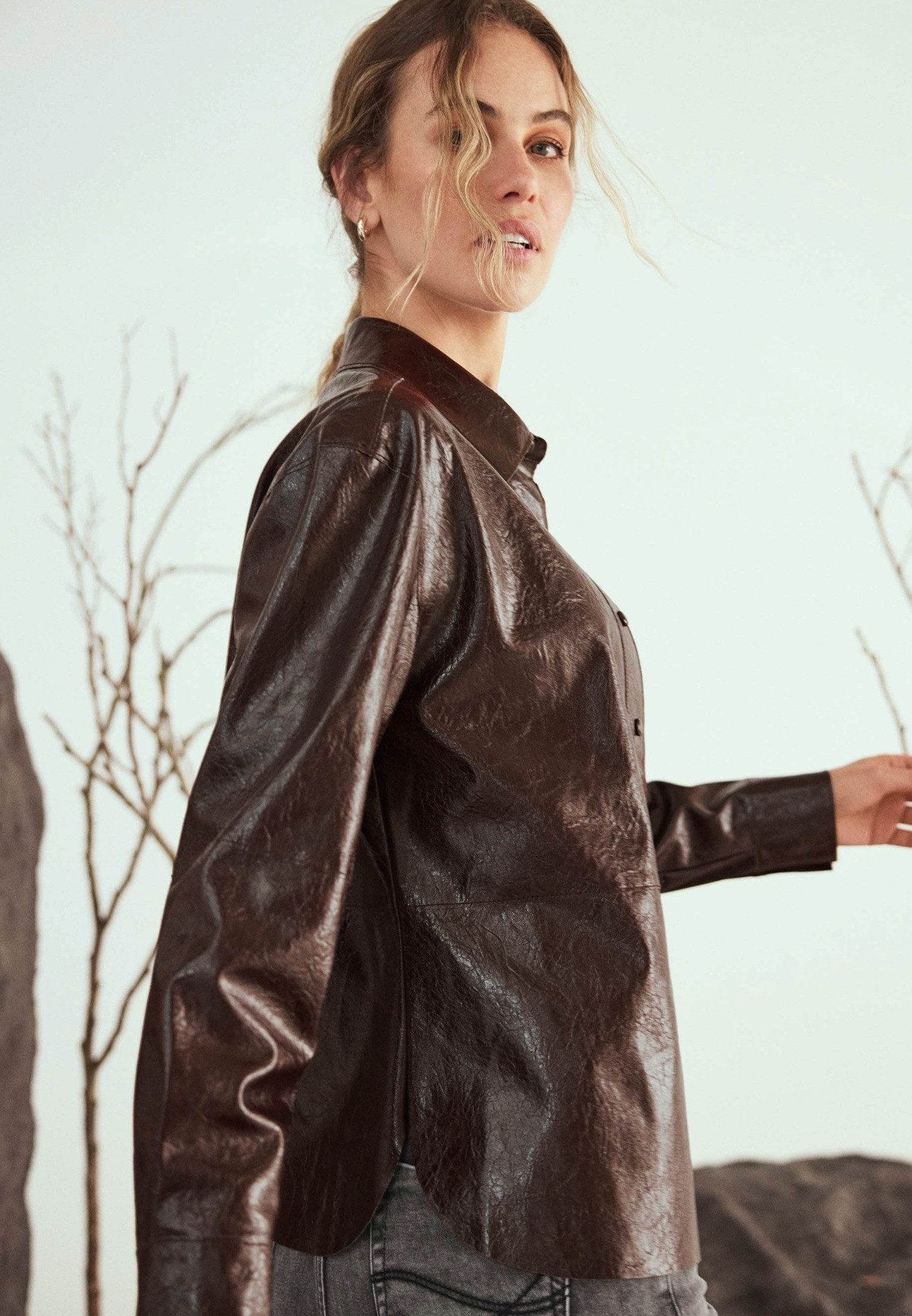 Zero Hemdbluse Damen im Lederlook Knopfleiste