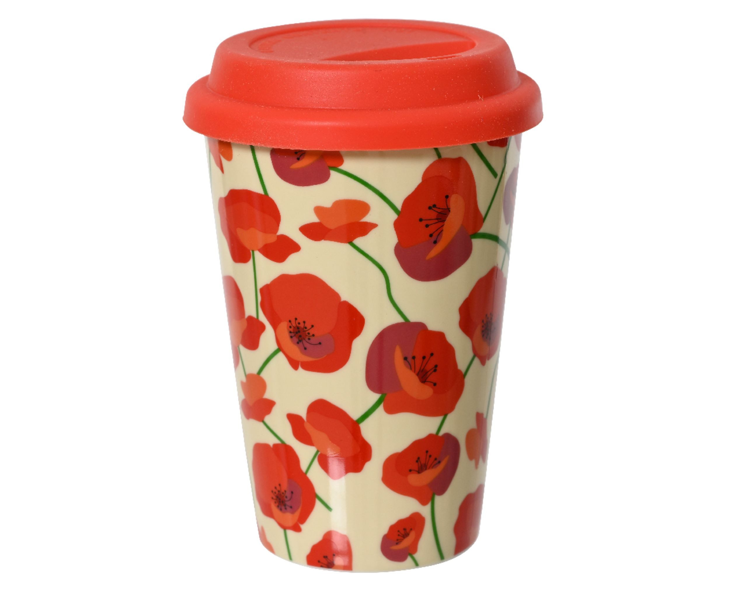 Decoris season decorations Coffee-to-go-Becher, Keramik, Becher 14cm Porzellan 390ml mit Deckel Rot / Beige