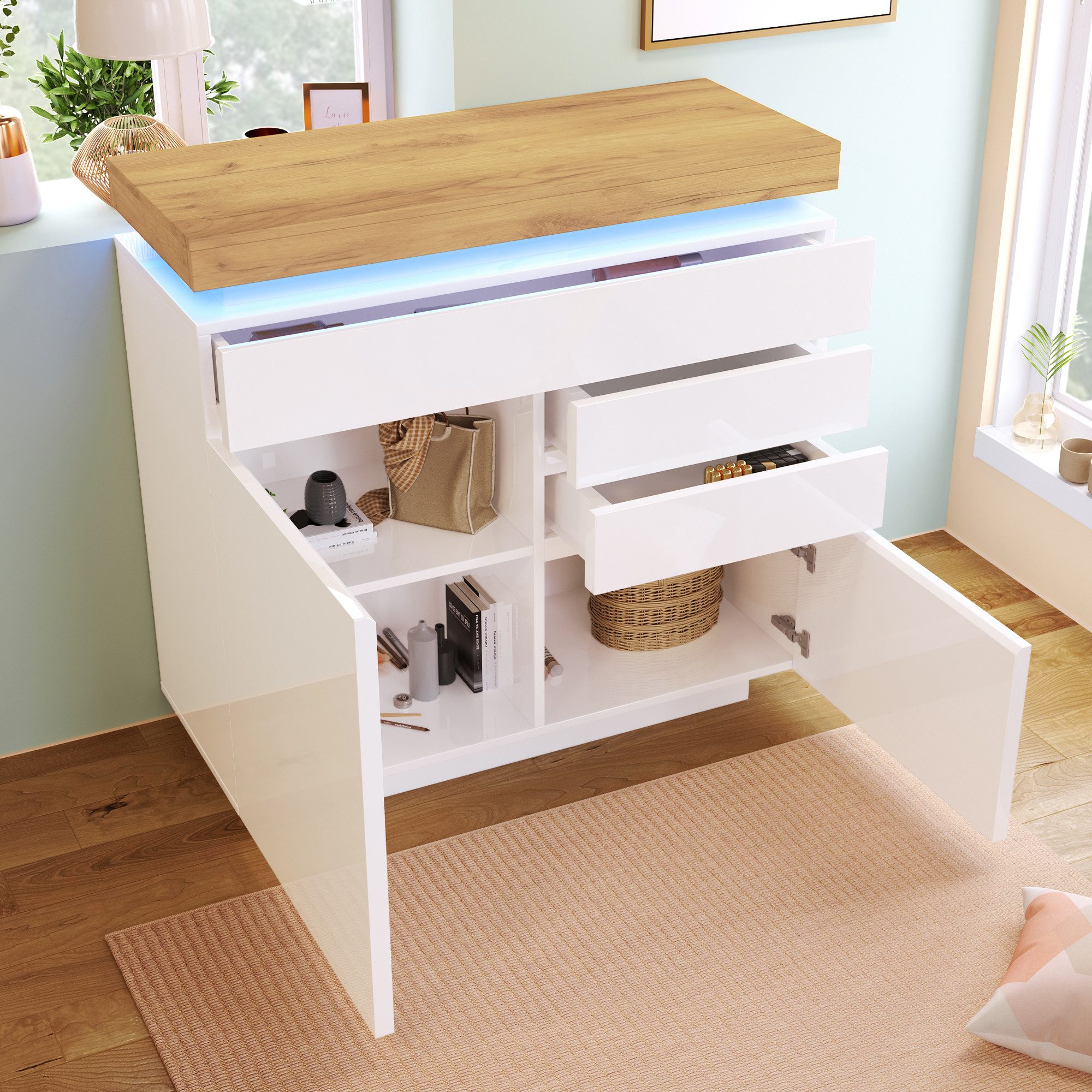 Flieks Kommode mit 2 Türen und 3 Schubladen Hochschrank Weiß (für Wohnzimmer, Schlafzimmer und Esszimmer, 1 St), Sideboard mit LED und verstellbar Ablagen Hochglanz, Breite 110 cm