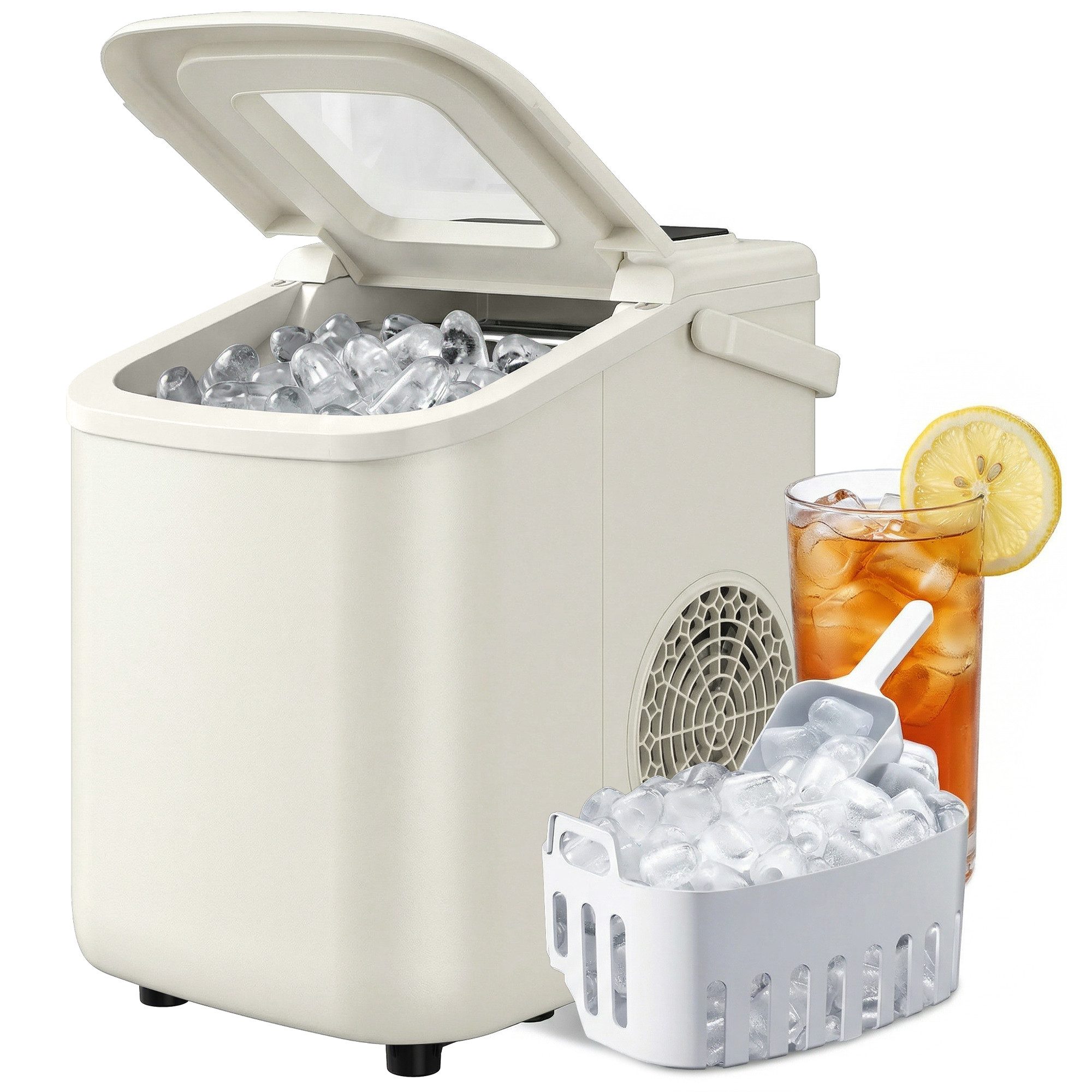 ibettertec Eiswürfelmaschine Tragbare Eiswürfelmaschine 12kg/24h mit Selbstreinigung Beige, 2 Eisgrößen, 46 dB leise, 9 Würfel in 7-10 Min, inkl. Schaufel & Korb
