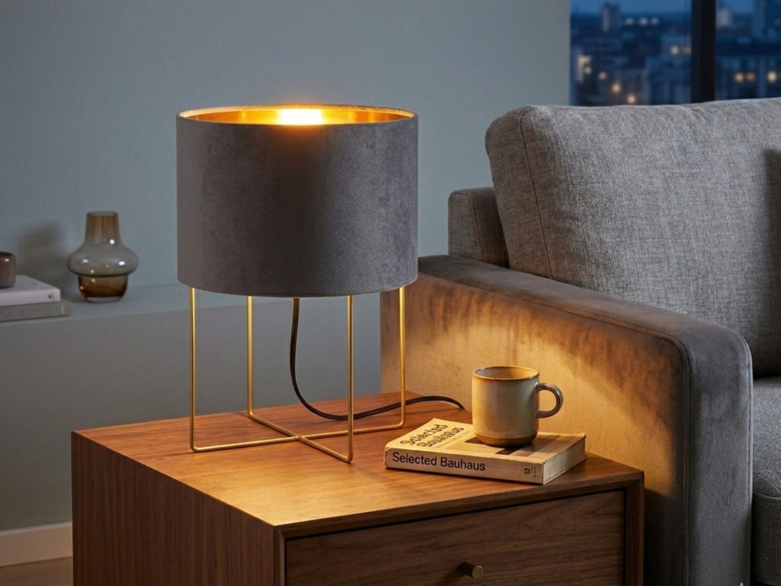 FISCHER & HONSEL Nachttischlampe Samt Lampenschirm innen Gold, Höhe 32cm, ohne Leuchtmittel, ausgefallen-e Design-er Stofflampe, Tischleuchte mit Metall-Fuß