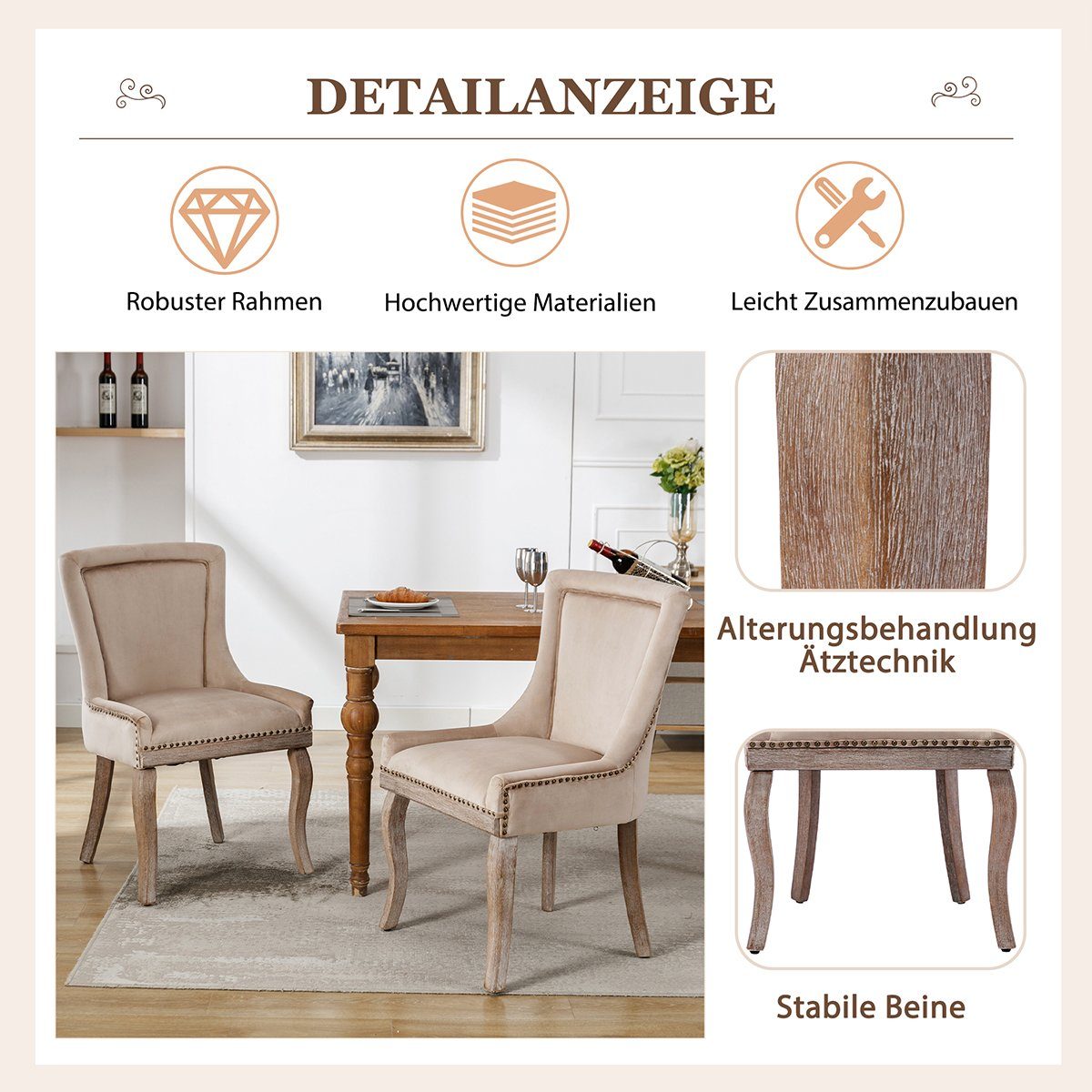 XDeer Küchenstuhl 2 St Luxuriös Esszimmerstuhl Küchenstuhl Wohnzimmerstuhl, Polsterstuhl mit Nagelkopfbesatz Bezug aus Samt Beige