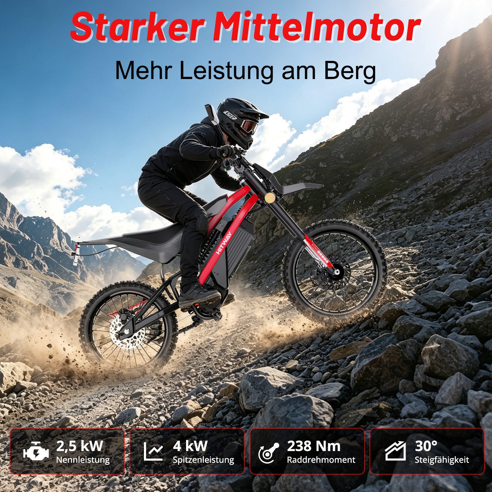 HITWAY E-Motorrad HT500 Elektro Motorrad (EEC L1e-B), 60V 27Ah, Hydraulikscheibenbremsen, 4000 W, 45 km/h, 238 Nm Rad-Drehmoment, 45–60 km Reichweite, Seitenständer-Abschaltung