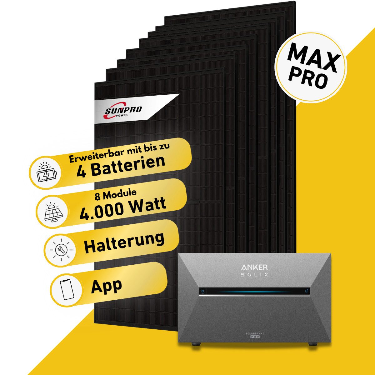 Balkonstrom Balkonkraftwerk 4000W mit Speicher, Anker 3 Pro, Komplettset, Bifazial, 4000 W, Monokristallin, (8x Sunpro Solarmodul á 500 Watt, 1x Anker Solix 3 Pro Solarspeicher E2700, 1-4 Zusatzspeicher BP2700), Halterung für Dach, Fassade, Balkon & Garten, App & Plug&Play DE