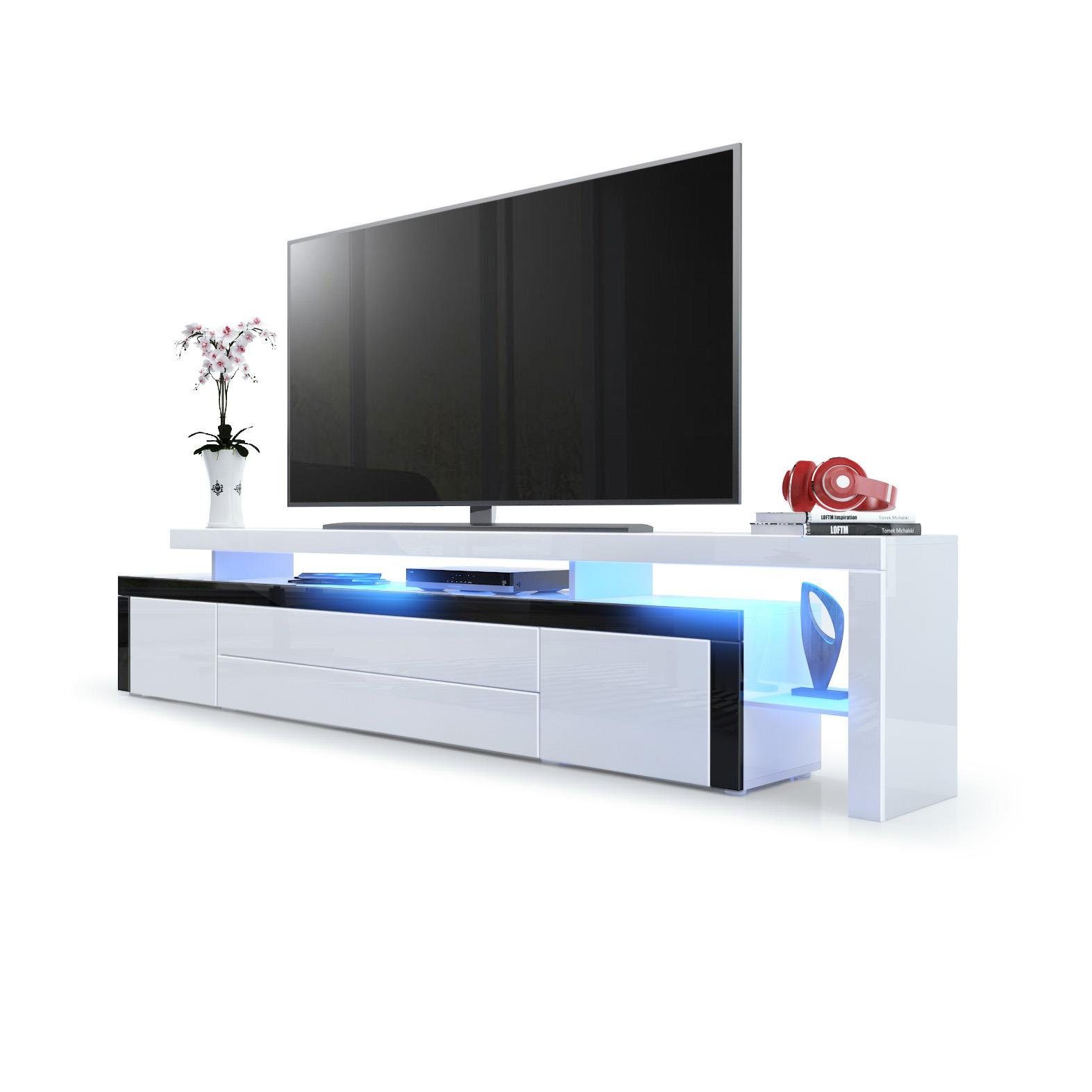 Vladon Lowboard Leon V3 (TV-Kommode, mit zwei Türen, zwei Schubkästen und einem modernen Überbau inkl. LED), Weiß Hochglanz/Schwarz Hochglanz (227 x 52 x 35 cm)