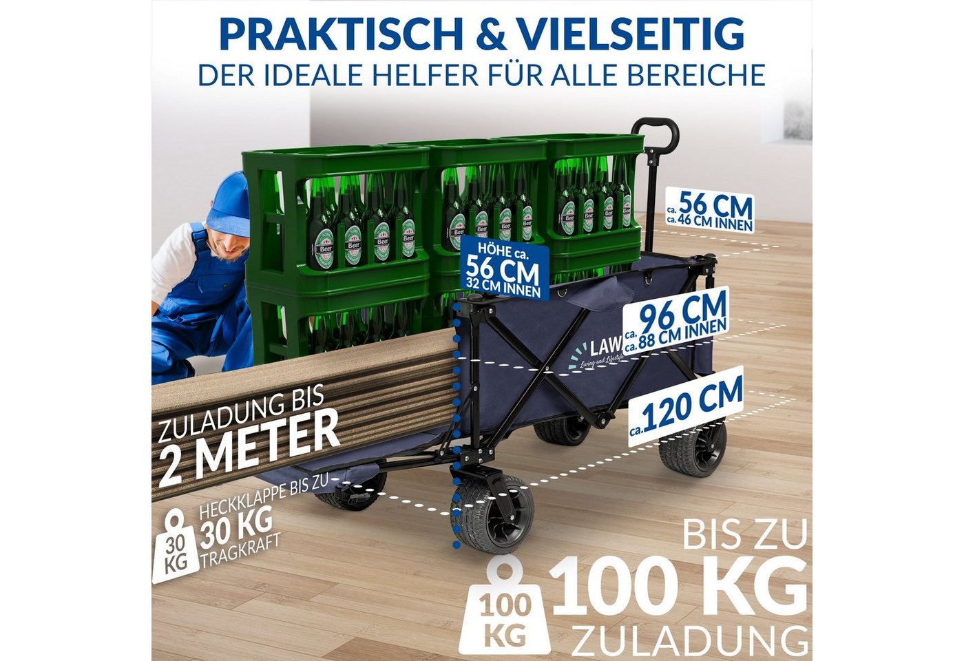 Thumbnail - LAWA Living and Lifestyle Bollerwagen faltbar Handwagen mit Bremse klappbar kompakt 100kg (12,4kg leicht), mit Heckklapp...