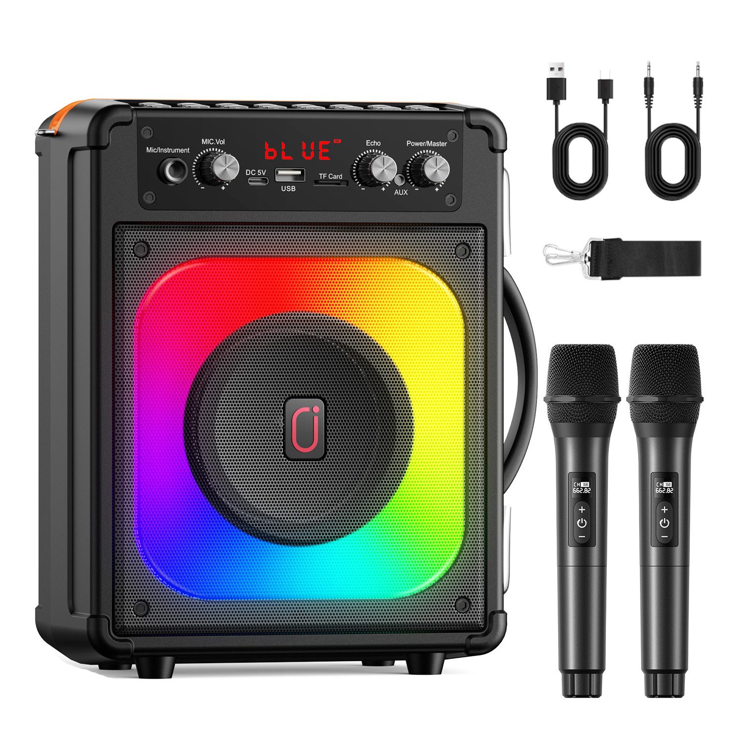 JYX Tragbare Karaoke Anlage mit 2 kabellosen Mikrofonen Bluetooth-Lautsprecher (Bluetooth, mit TWS Stereo, LED Lichteffekten (ohne Tablet)